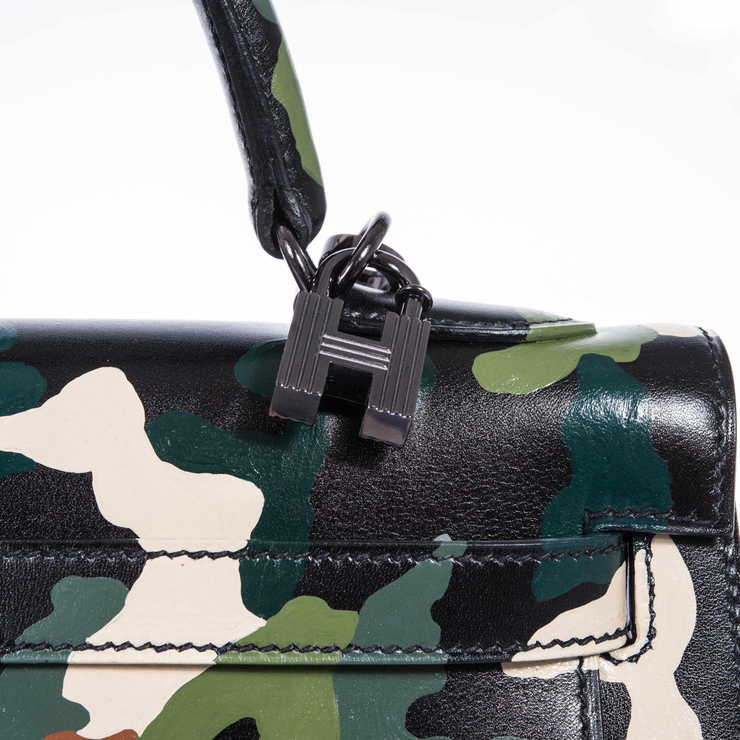 Hermès Kelly 32 Black Box Camouflage Ruthenium Hardware * JaneFinds Custom Shop