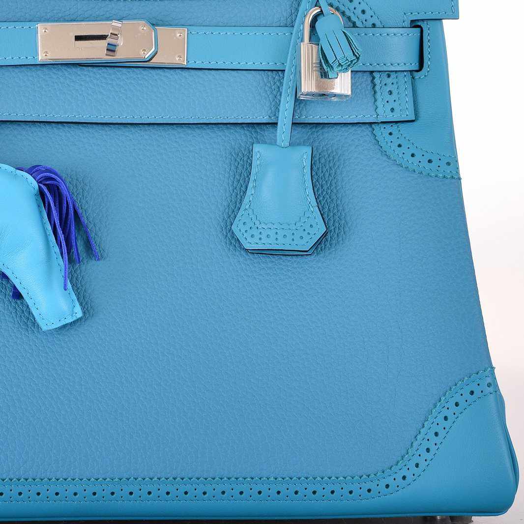 Hermès Kelly 32 "Ghillies" Limited Edition Turquoise Clemence & Swift Palladium Hardware