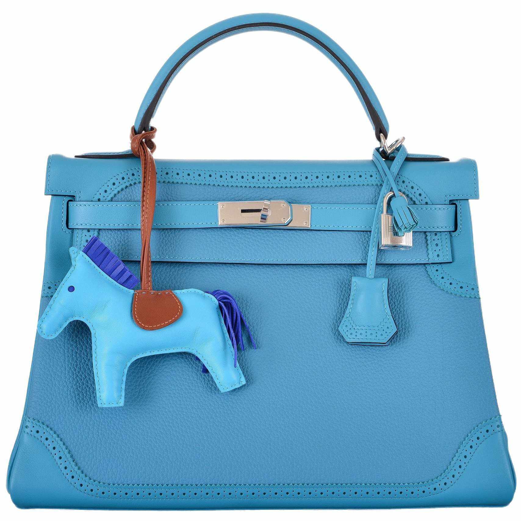 Hermès Kelly 32 "Ghillies" Limited Edition Turquoise Clemence & Swift Palladium Hardware