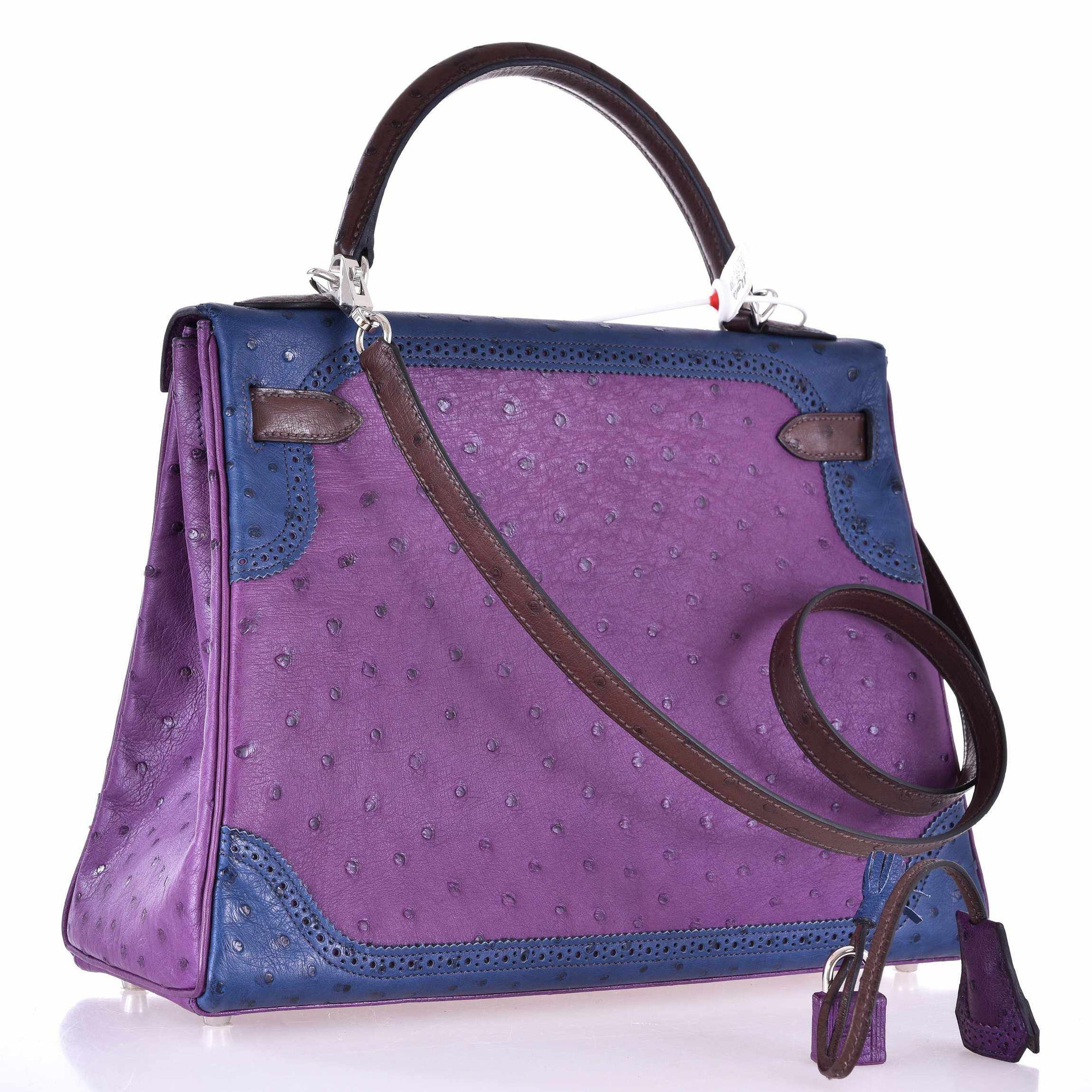 Hermès Kelly 32 Ghillies Tri-Color Ostrich Violine, Bleu de Malte & Marron Palladium Hardware