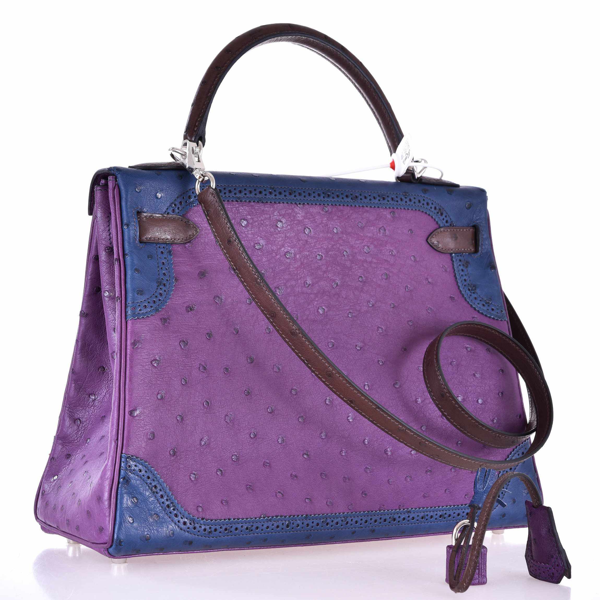 Hermès Kelly 32 Ghillies Tri-Color Ostrich Violine, Bleu de Malte & Marron Palladium Hardware