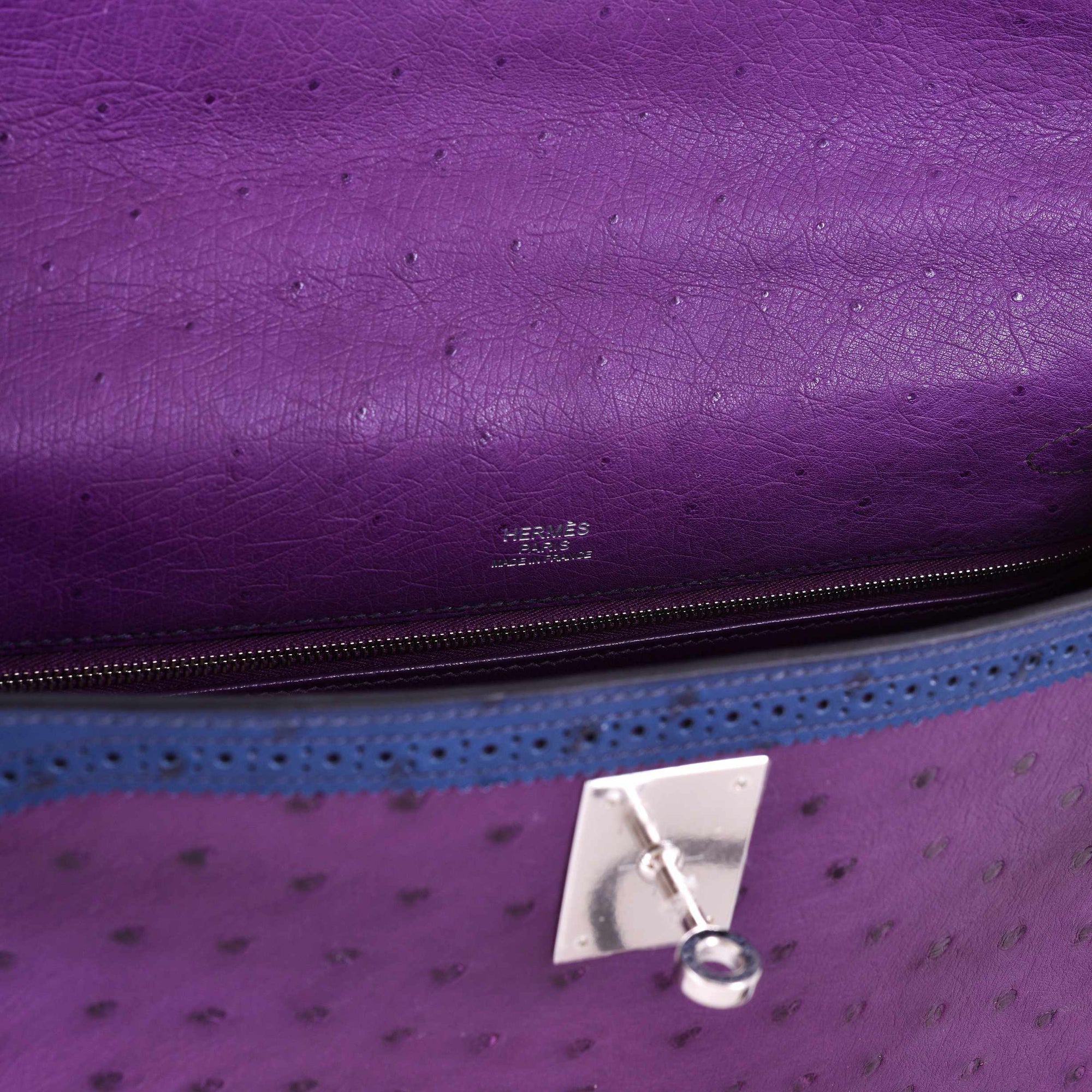 Hermès Kelly 32 Ghillies Tri-Color Ostrich Violine, Bleu de Malte & Marron Palladium Hardware