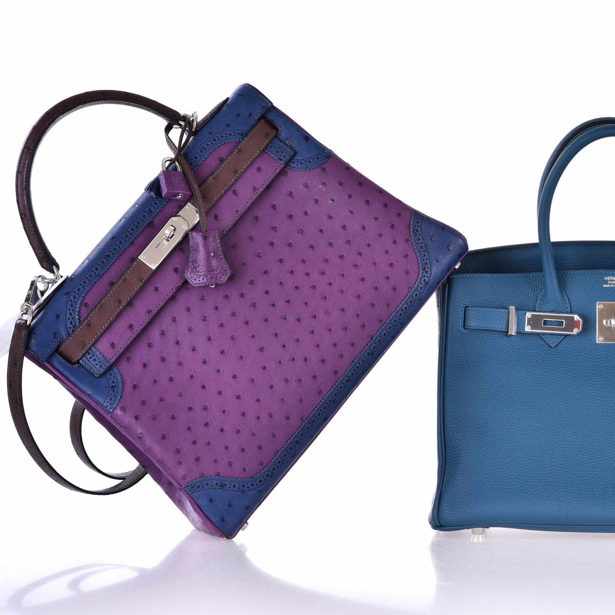 Hermès Kelly 32 Ghillies Tri-Color Ostrich Violine, Bleu de Malte & Marron Palladium Hardware