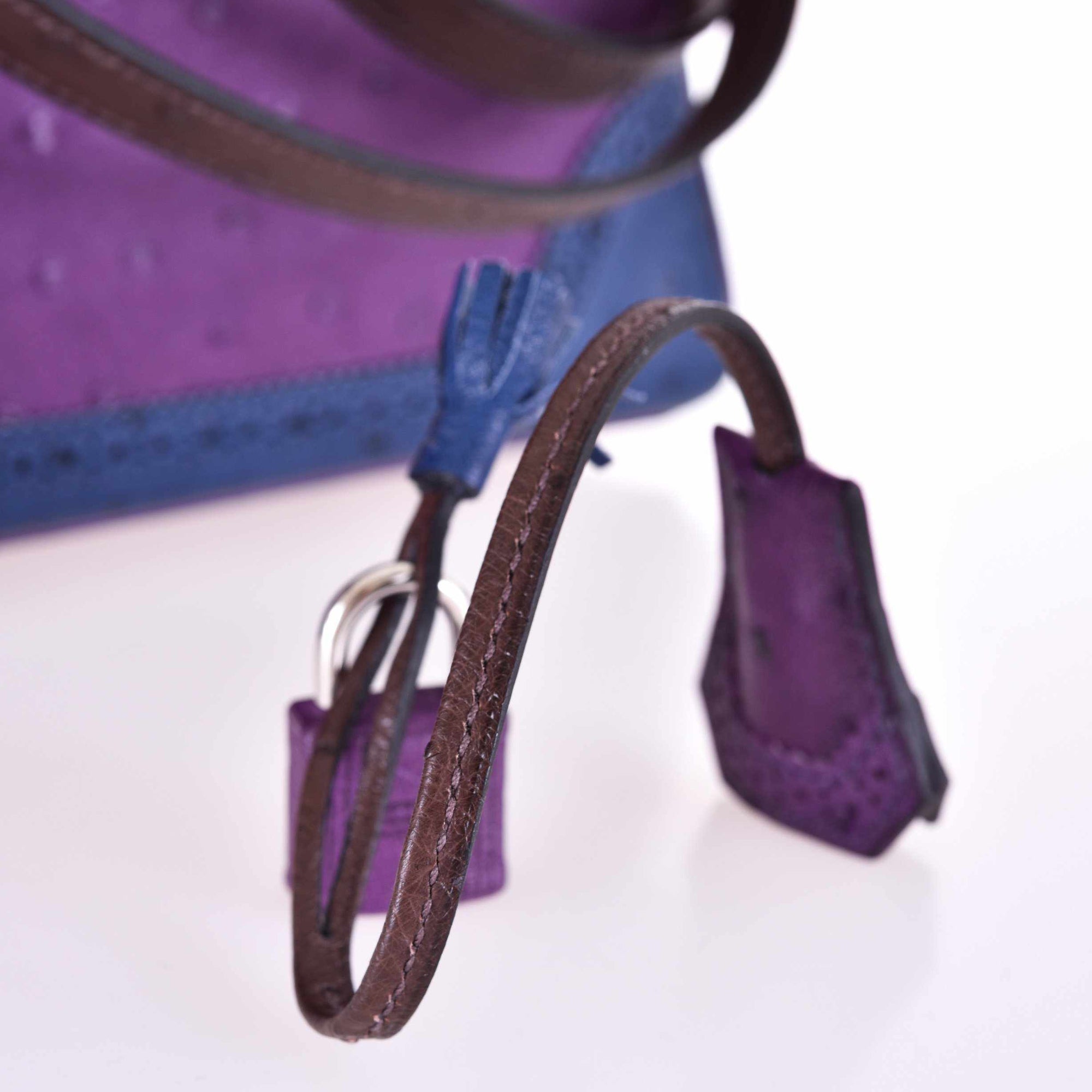 Hermès Kelly 32 Ghillies Tri-Color Ostrich Violine, Bleu de Malte & Marron Palladium Hardware