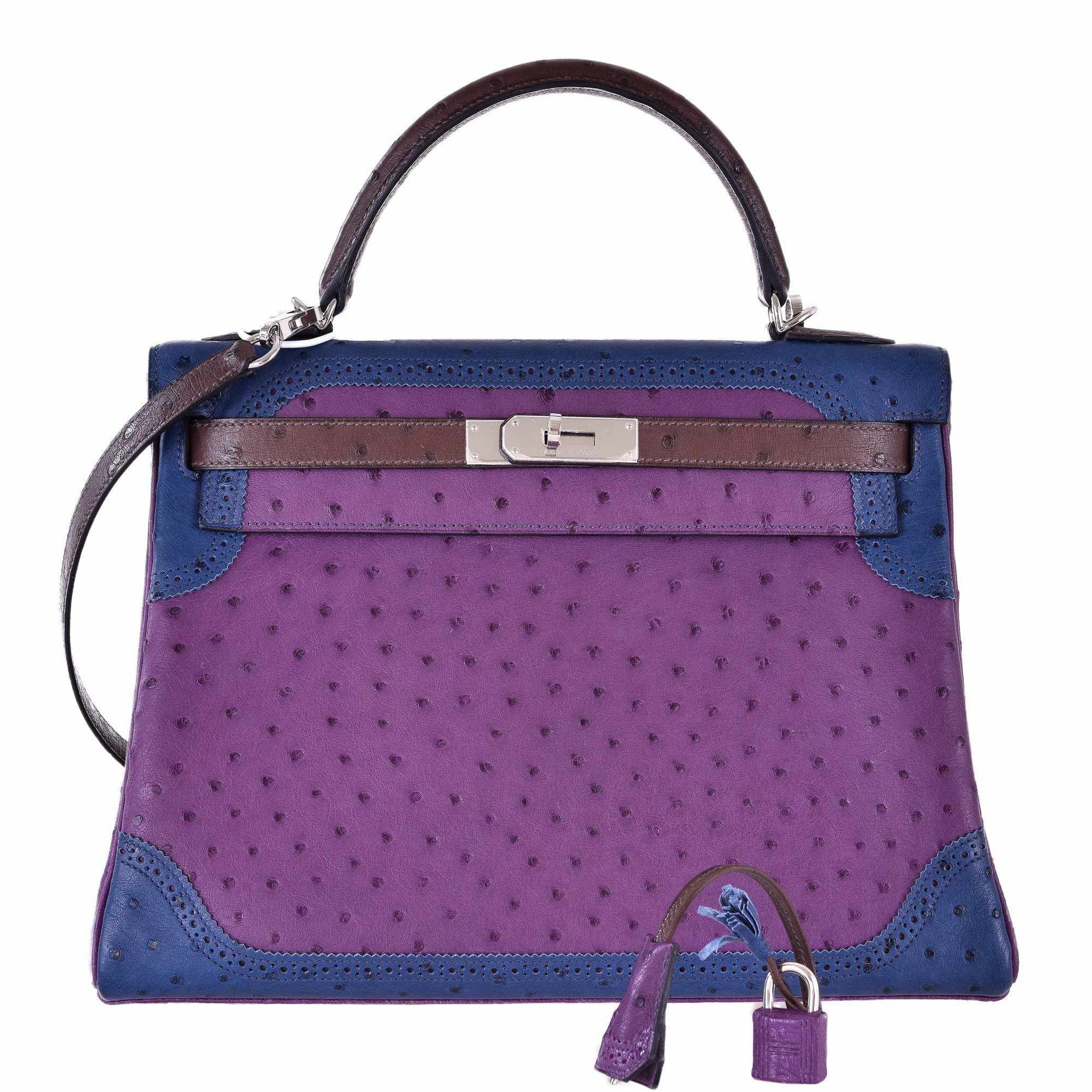 Hermès Kelly 32 Ghillies Tri-Color Ostrich Violine, Bleu de Malte & Marron Palladium Hardware