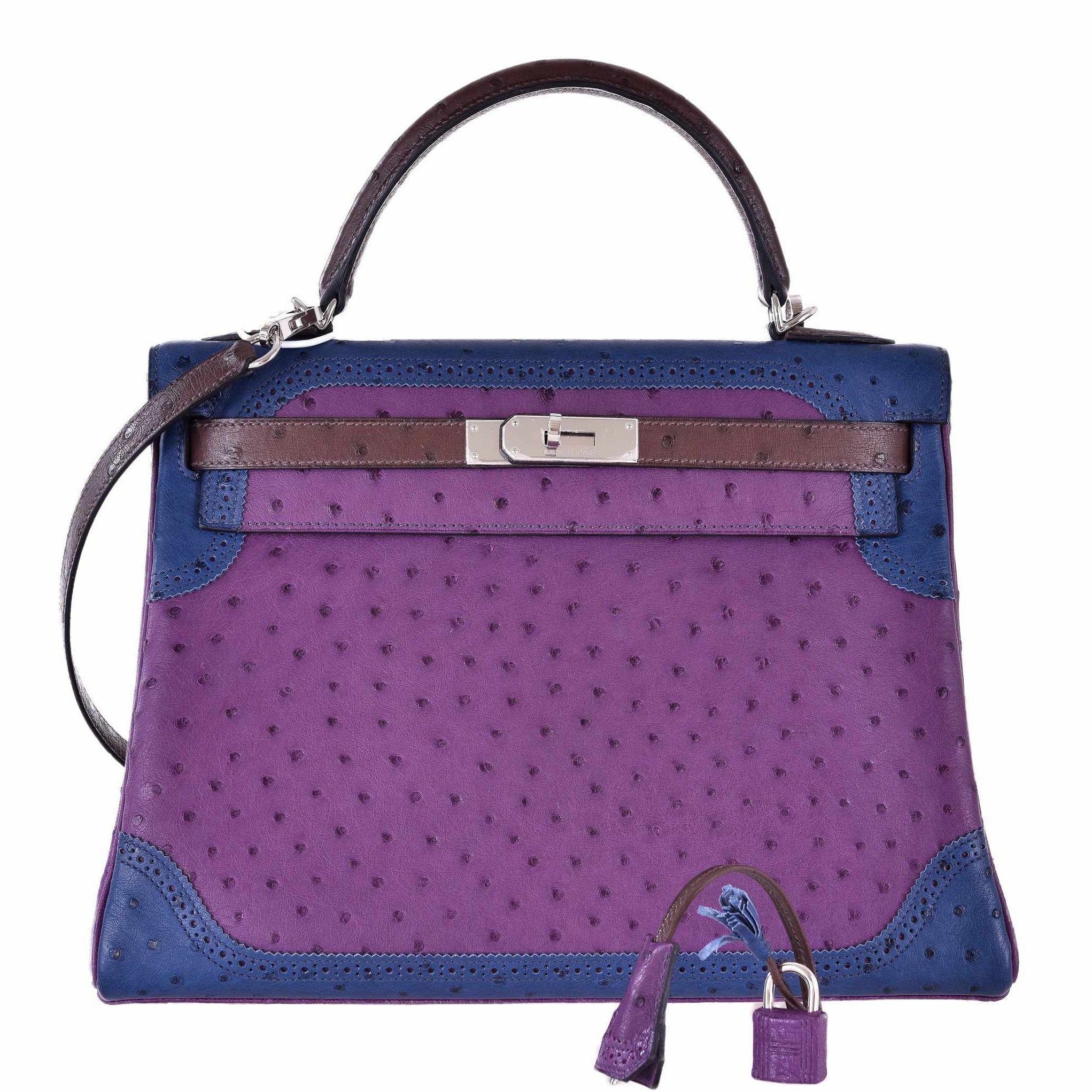 Hermès Kelly 32 Ghillies Tri-Color Ostrich Violine, Bleu de Malte & Marron Palladium Hardware