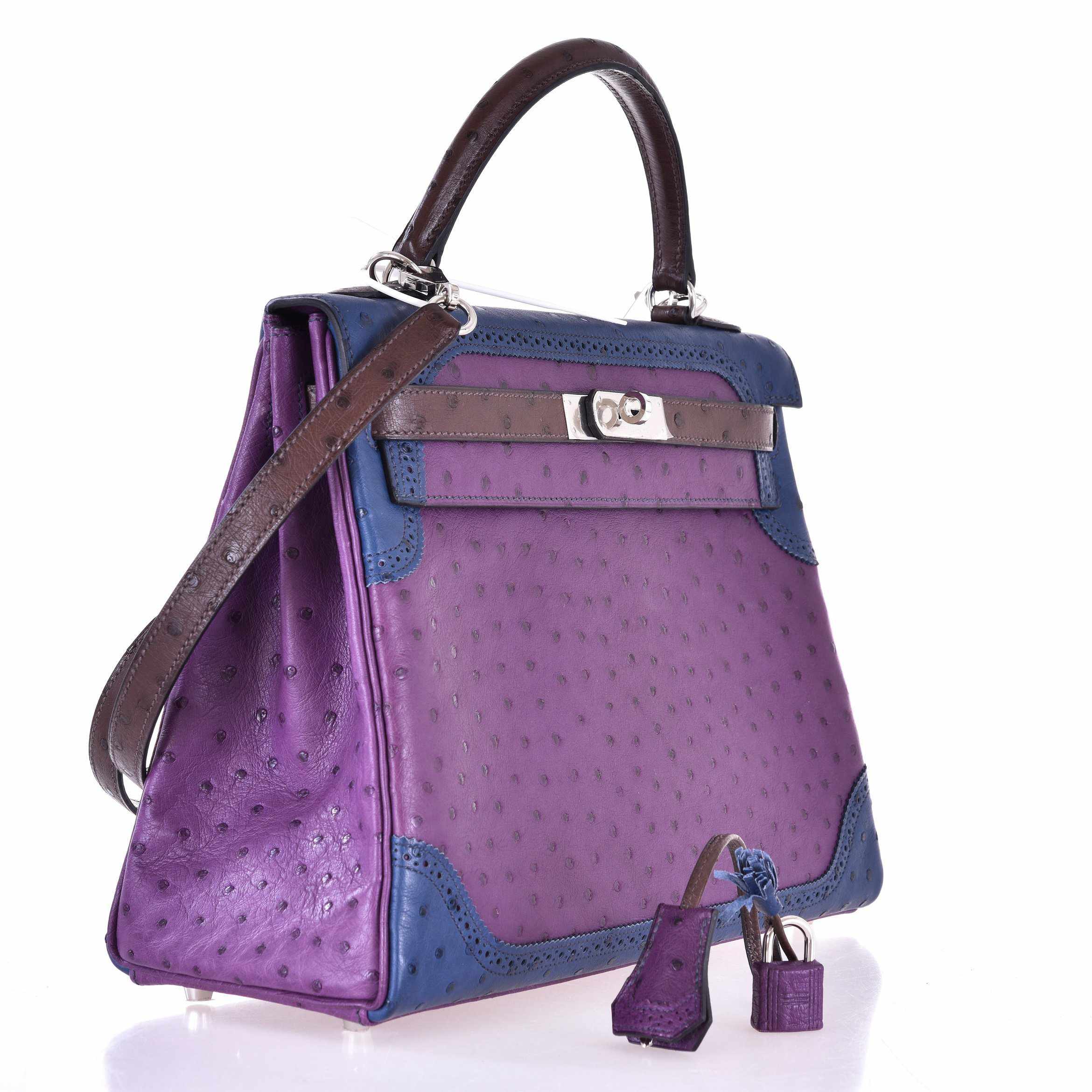 Hermès Kelly 32 Ghillies Tri-Color Ostrich Violine, Blue de Malte & Marron Palladium Hardware