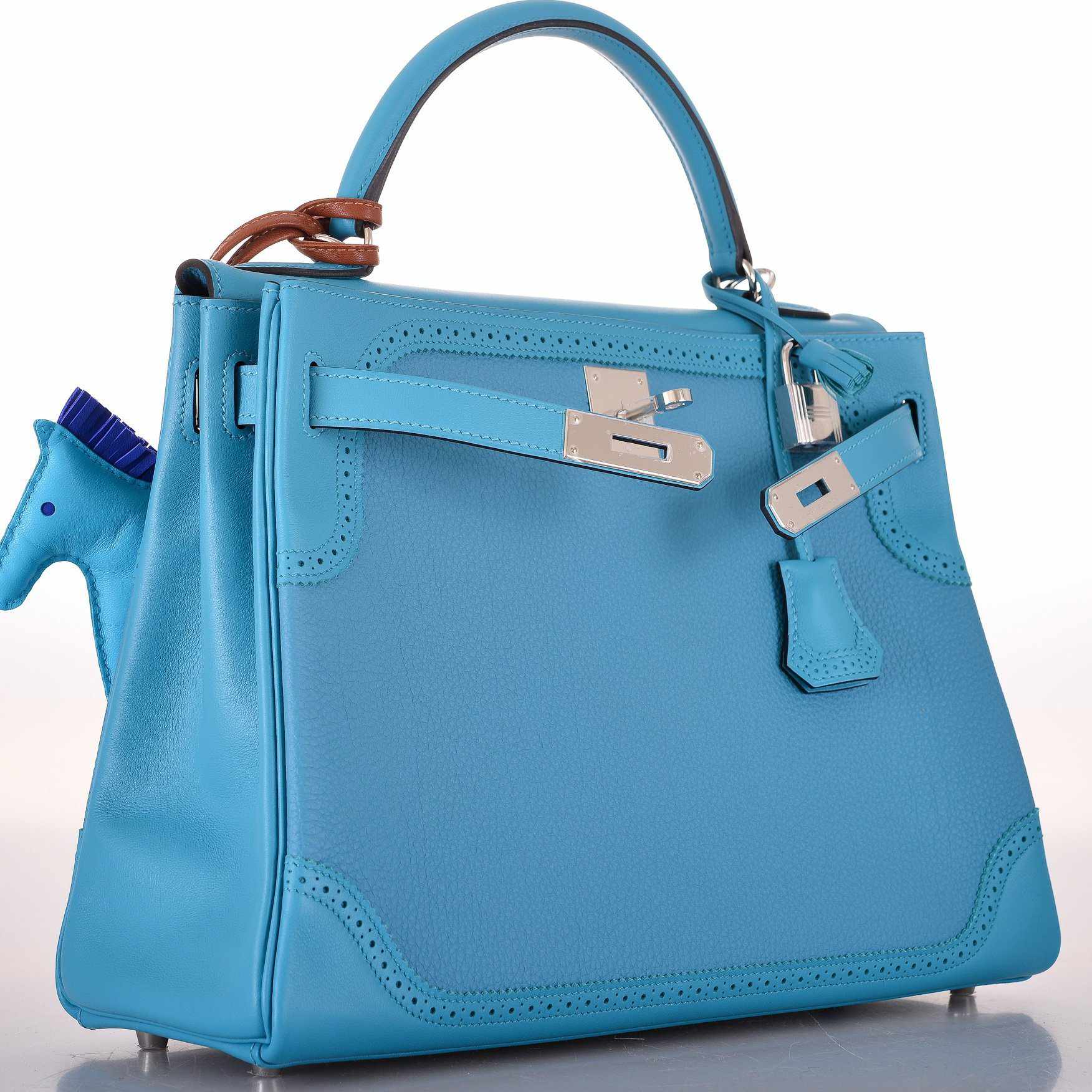 Hermès Kelly 32 Ghillies Turquoise Clemence & Swift Palladium Hardware