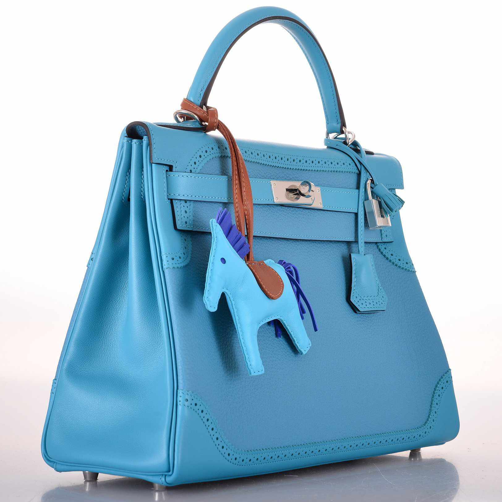 Hermès Kelly 32 Ghillies Turquoise Clemence & Swift Palladium Hardware