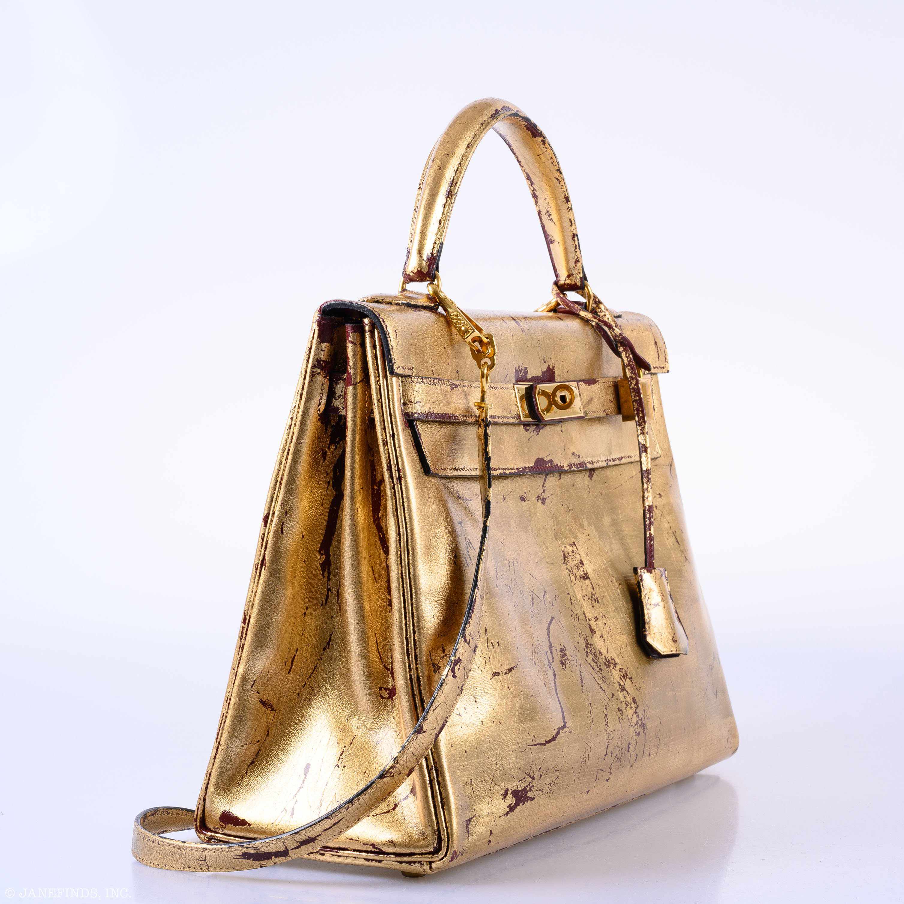 Hermès Kelly 32 Retourne "Kelly Dorée" Gold Leaf & Rouge H Box Leather Gold Hardware