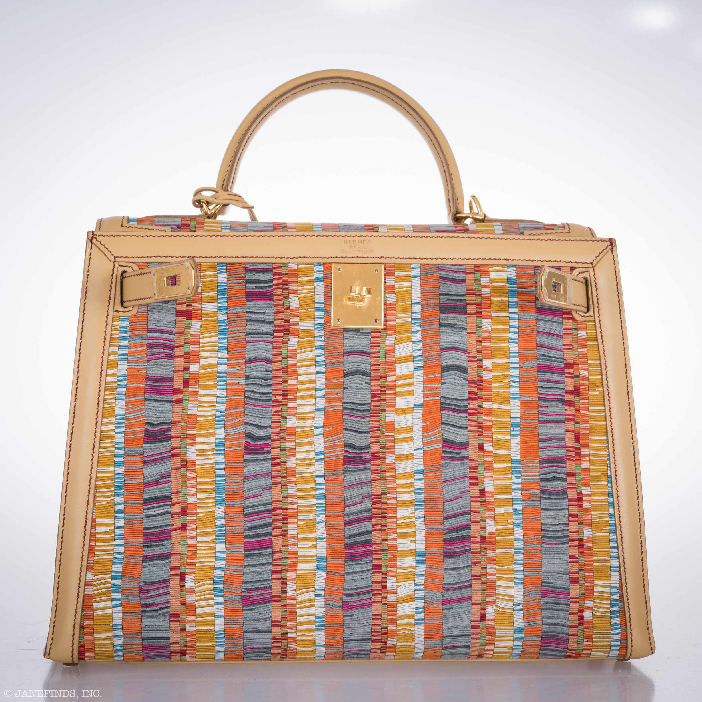 Hermès Kelly 32 Retourné Multicolor Vibrato & Natural Leather Gold Hardware