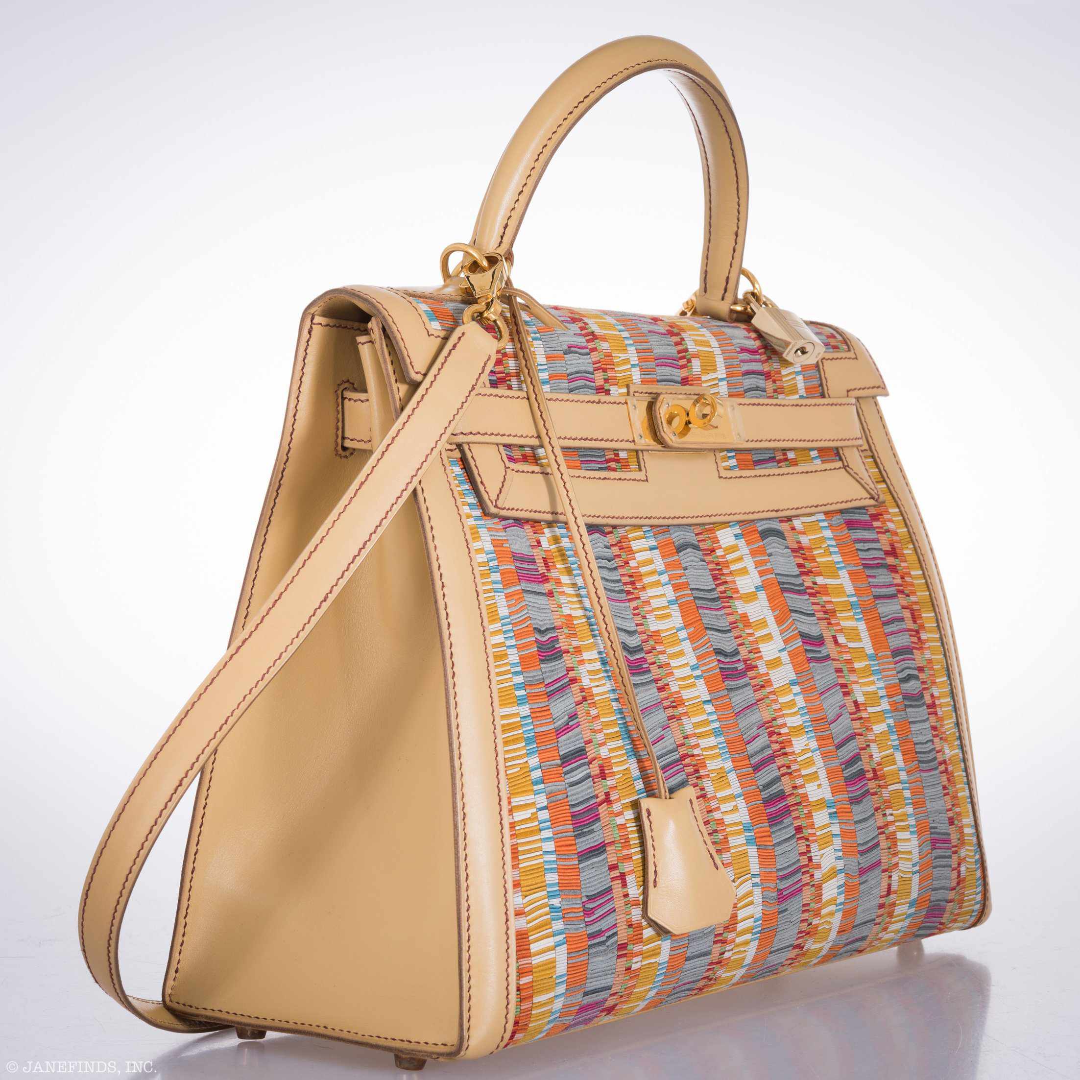 Hermès Kelly 32 Retourné Multicolor Vibrato & Natural Leather Gold Hardware
