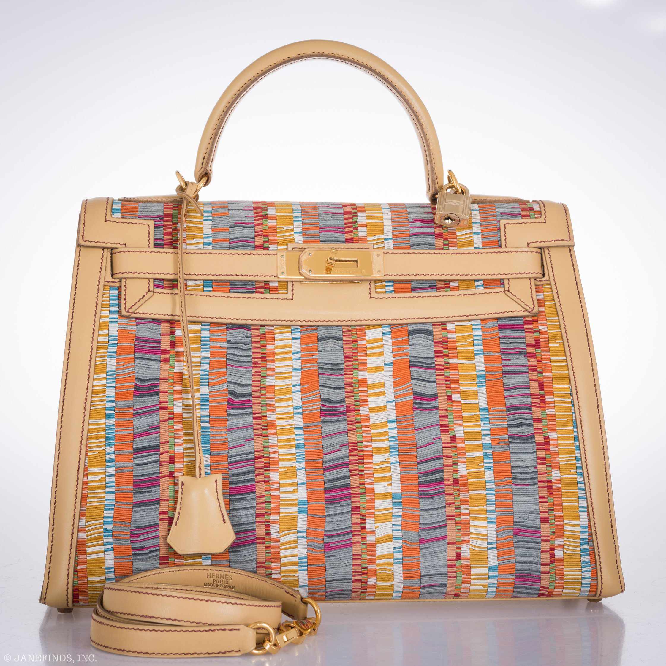Hermès Kelly 32 Retourné Multicolor Vibrato & Natural Leather Gold Hardware