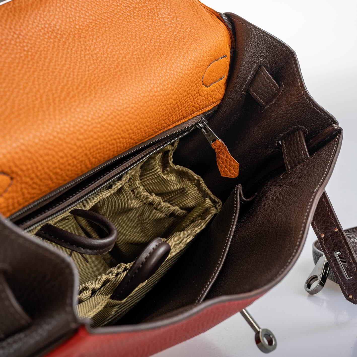 Hermès Kelly 32 Retourne Orange H, Rouge Vif & Ebene Togo with Ruthenium Hardware