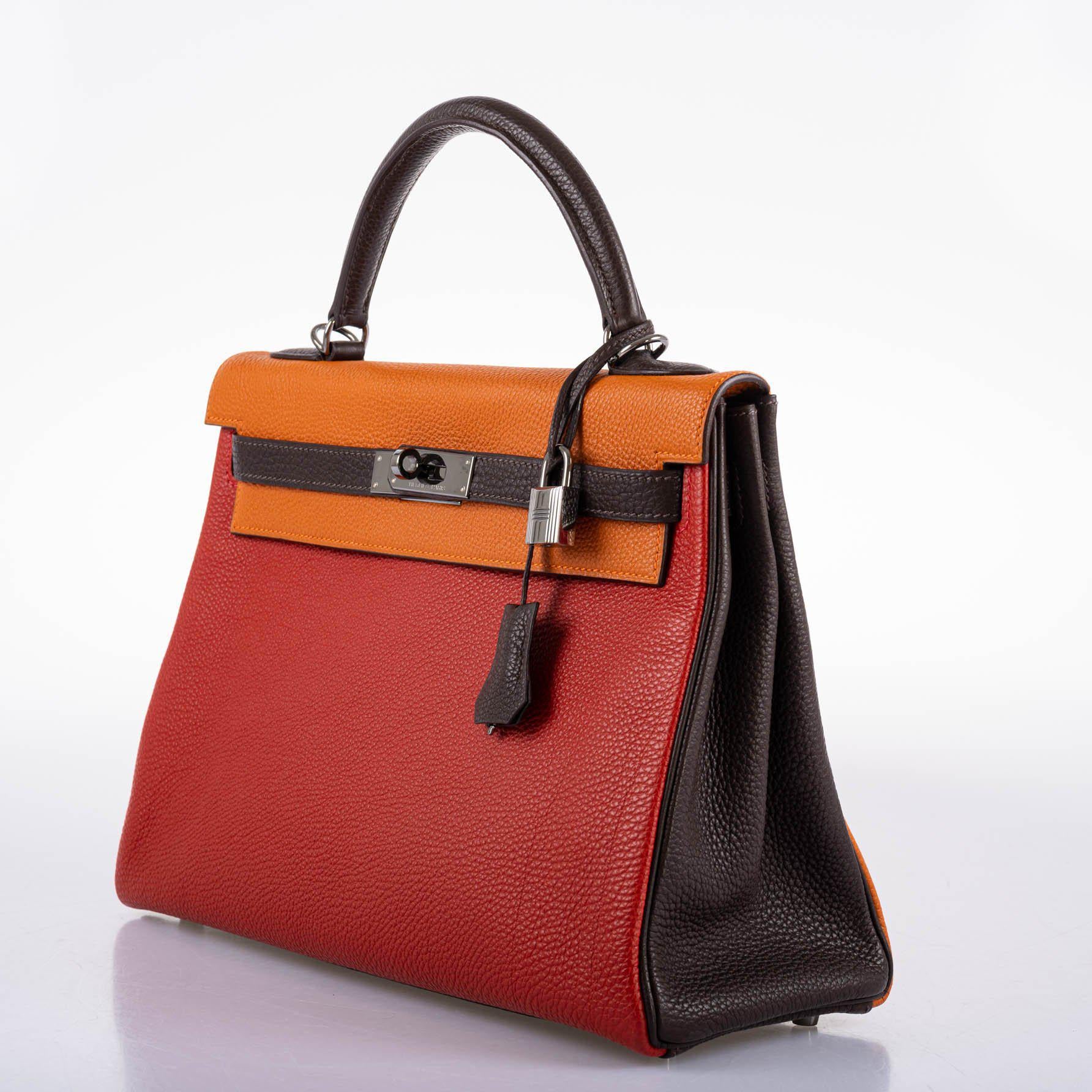 Hermès Kelly 32 Retourne Orange H, Rouge Vif & Ebene Togo with Ruthenium Hardware - 2006, J Square