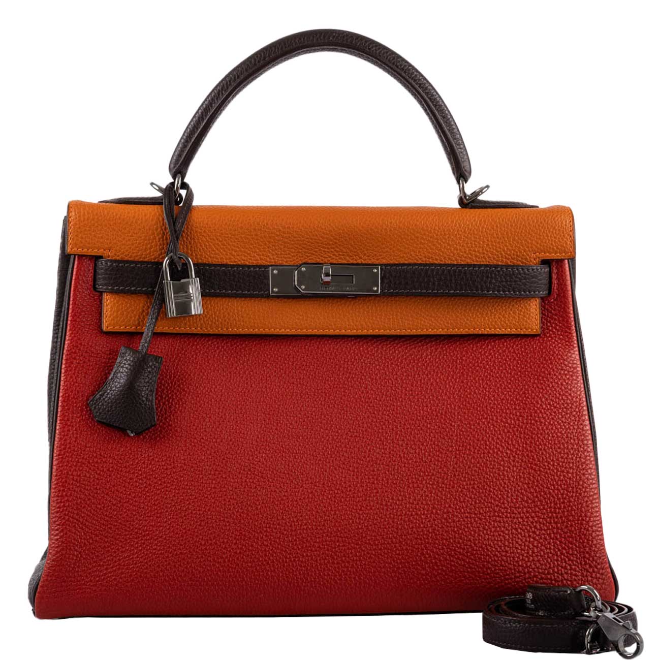 Hermès Kelly 32 Retourne Orange H, Rouge Vif & Ebene Togo with Ruthenium Hardware - 2006, J Square