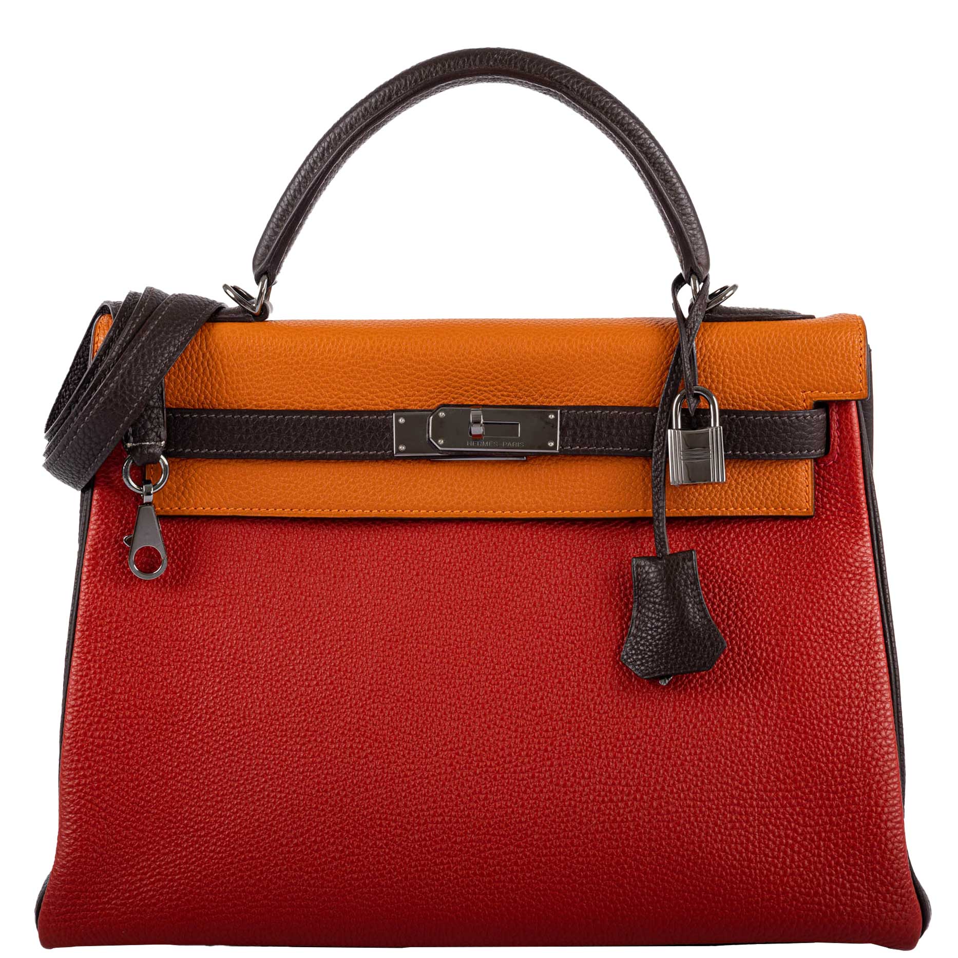 Hermès Kelly 32 Retourne Orange H, Rouge Vif & Ebene Togo with Ruthenium Hardware