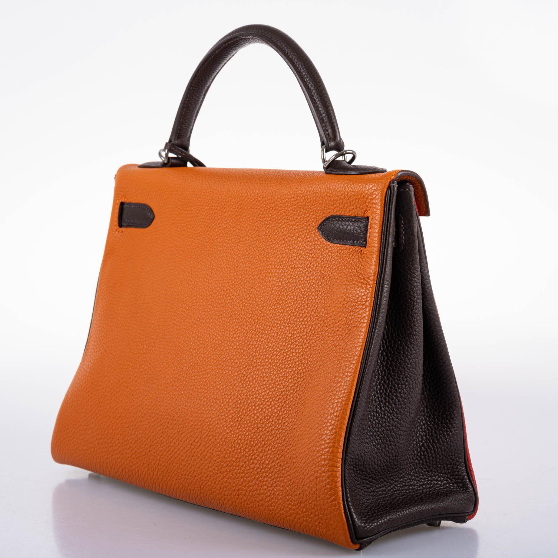 Hermès Kelly 32 Retourne Orange H, Rouge Vif & Ebene Togo with Ruthenium Hardware