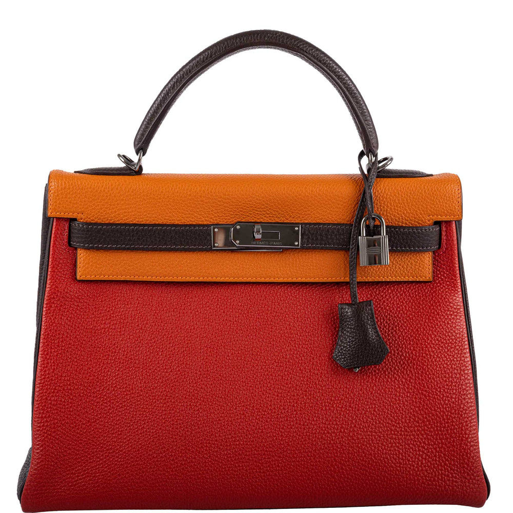 Hermès Kelly 32 Retourne Orange H, Rouge Vif & Ebene Togo with Ruthenium Hardware