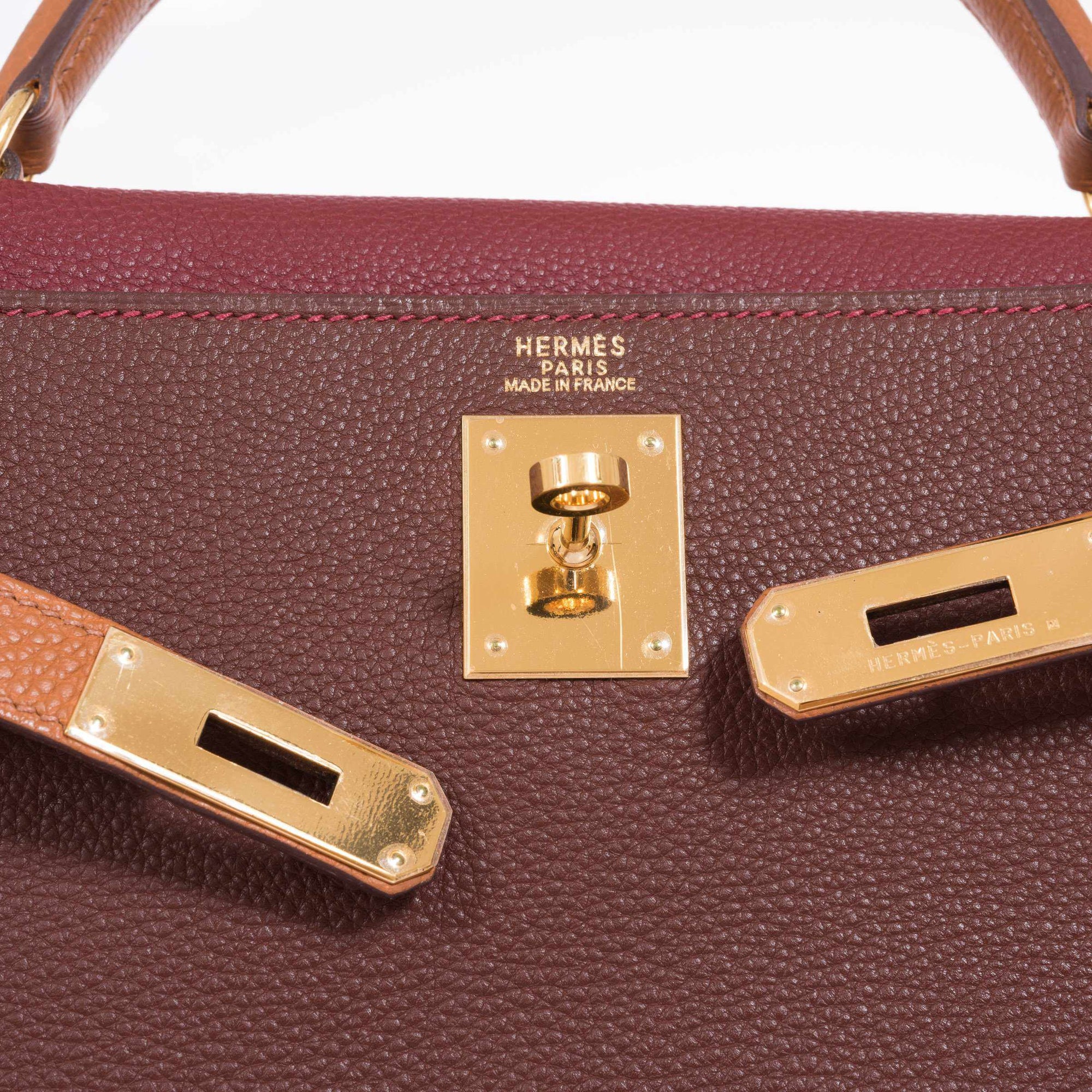 Hermès Kelly 32 Retourne Tri-Color Rouge H Havanne And Gold Togo Gold Hardware