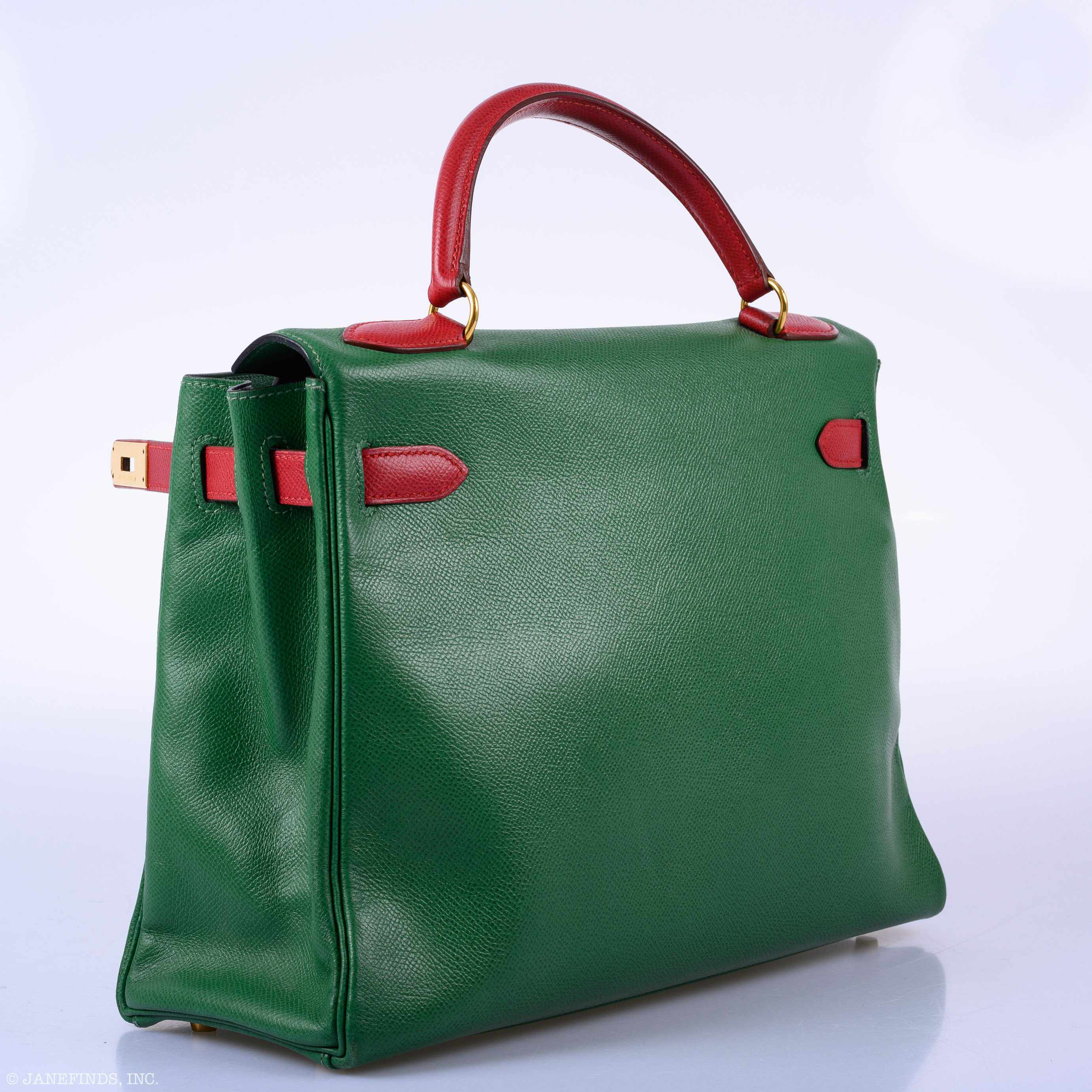 Hermès Kelly 32 Retourne Vert Claire & Rouge Vif Courchevel Gold Hardware - 1995