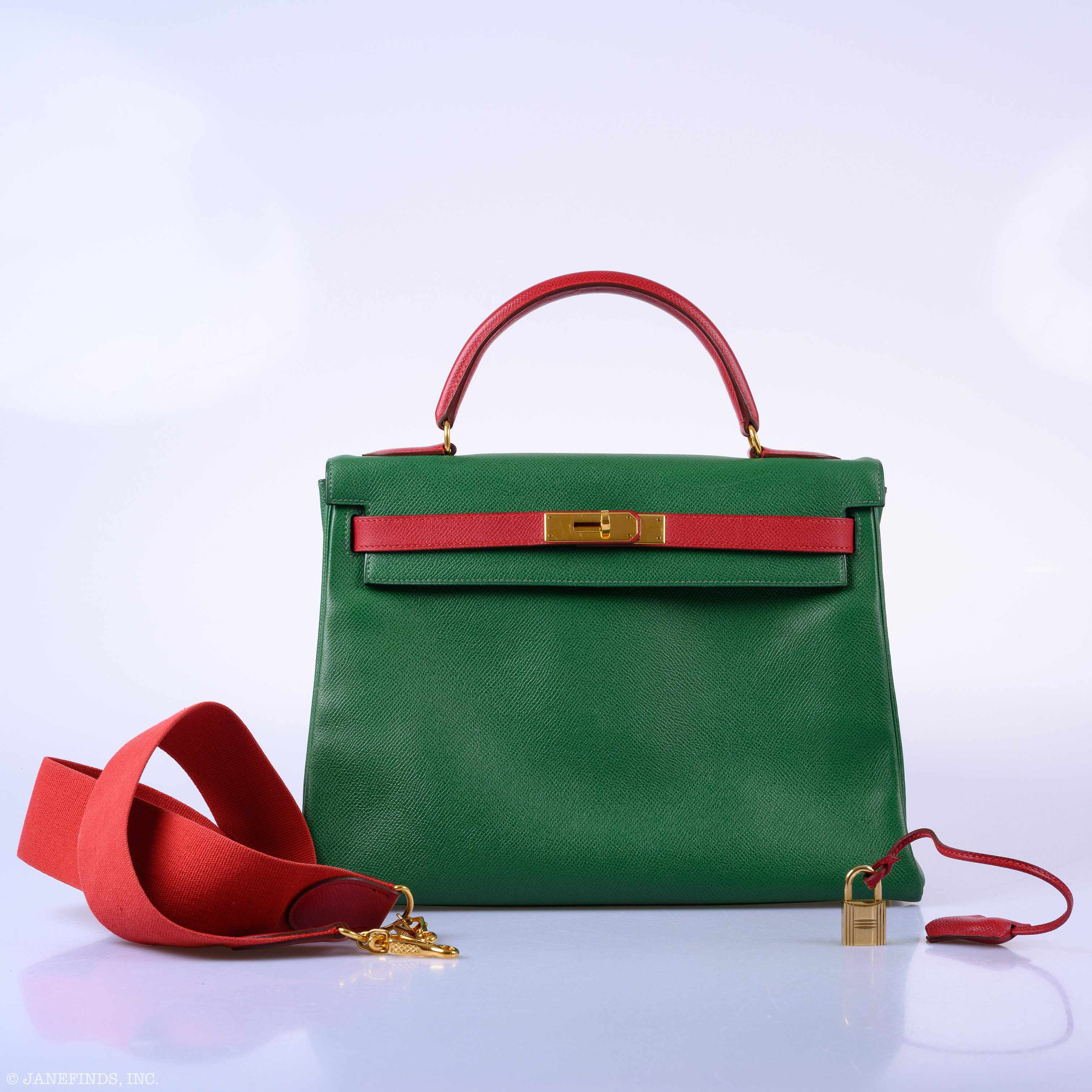 Hermès Kelly 32 Retourne Vert Claire & Rouge Vif Courchevel Gold Hardware - 1995