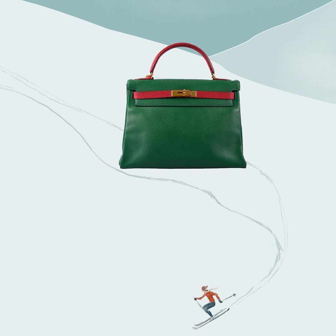 Hermès Kelly 32 Retourne Vert Claire & Rouge Vif Courchevel Gold Hardware - 1995