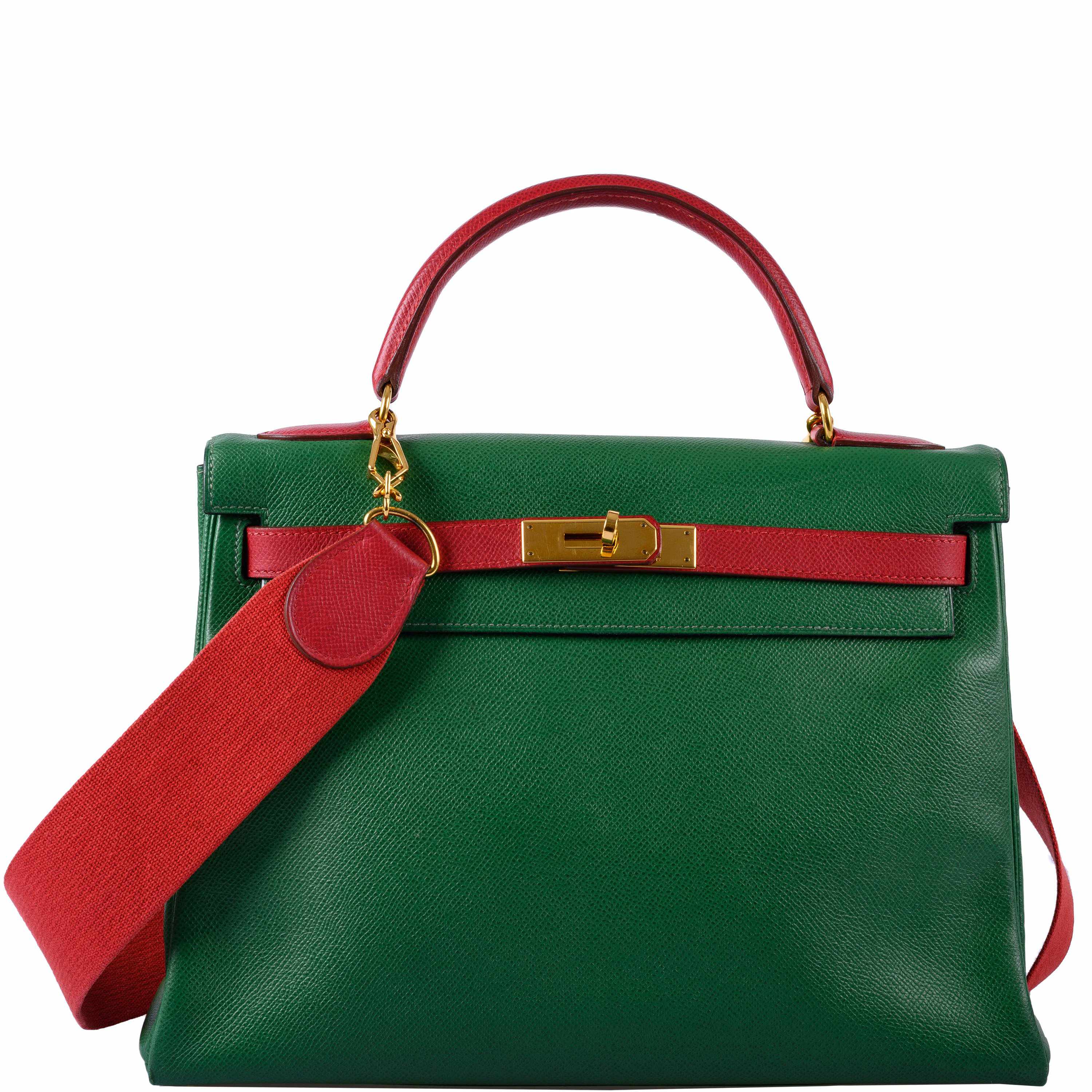 Hermès Kelly 32 Retourne Vert Claire & Rouge Vif Courchevel Gold Hardware - 1995