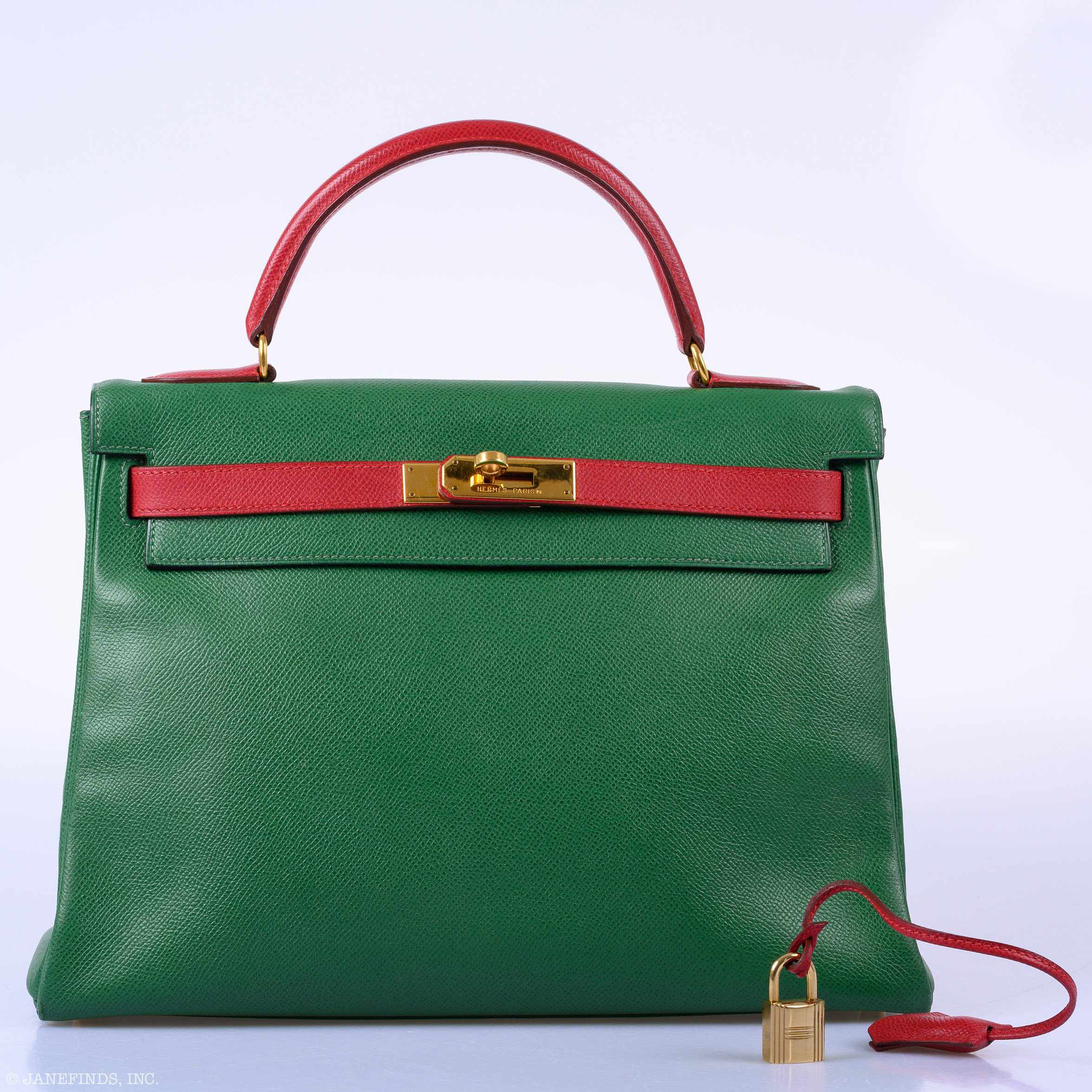 Hermès Kelly 32 Retourne Vert Claire & Rouge Vif Courchevel Gold Hardware - 1995