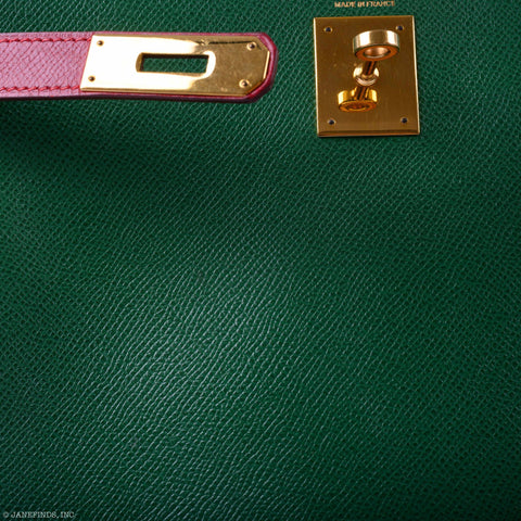 Hermès Kelly 32 Retourne Vert Claire & Rouge Vif Courchevel Gold Hardware - 1995