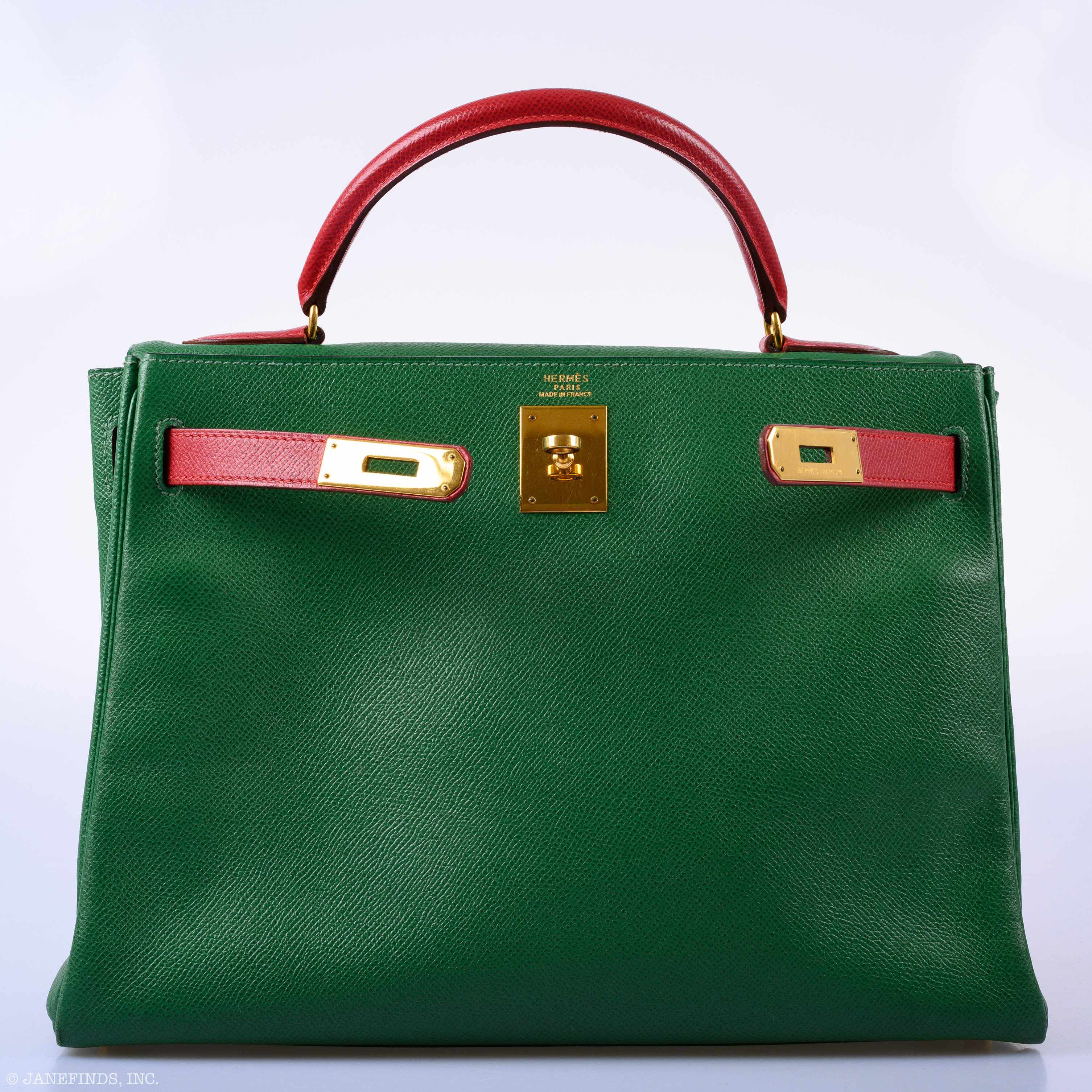 Hermès Kelly 32 Retourne Vert Claire & Rouge Vif Courchevel Gold Hardware - 1995