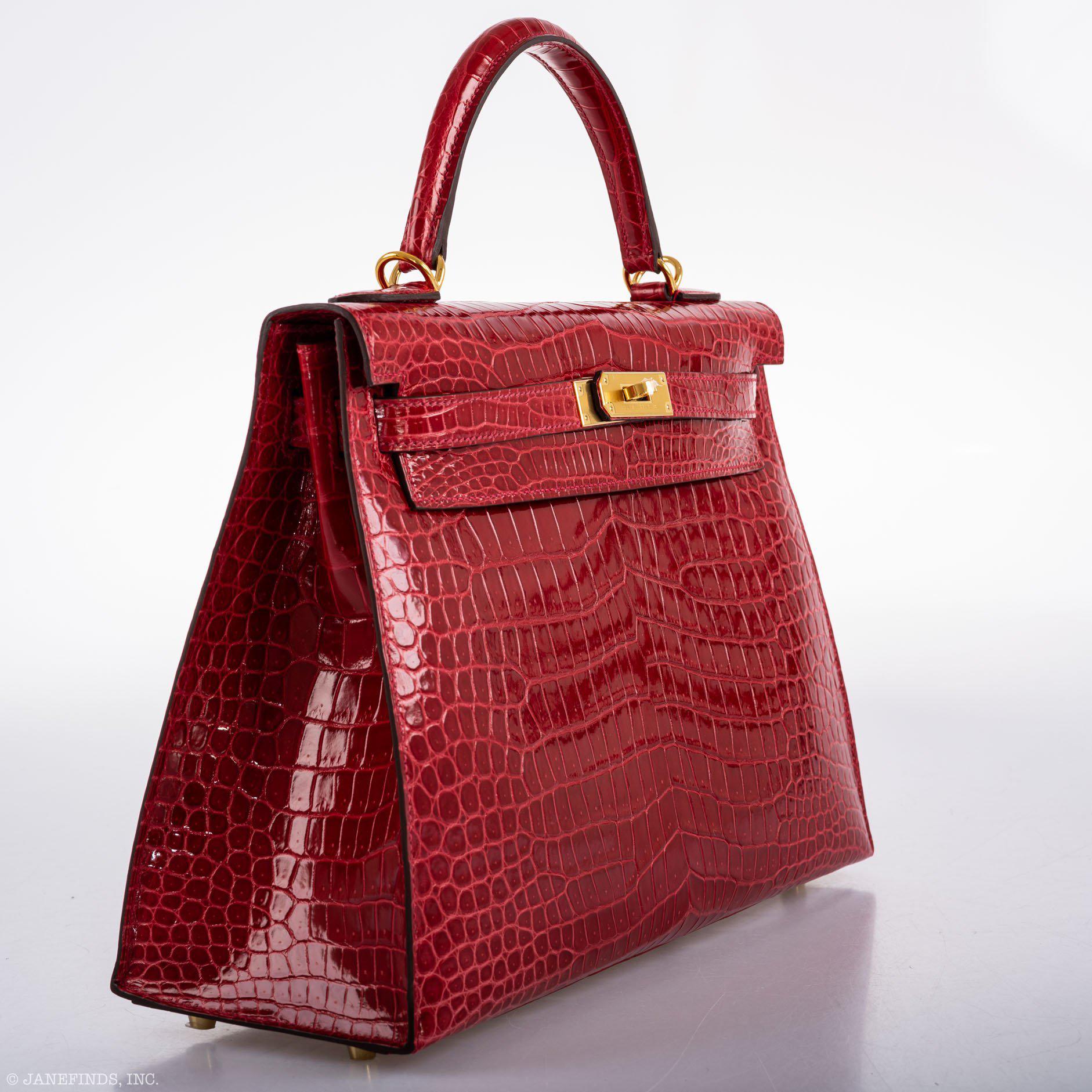 Hermès Kelly 32 Sellier Braise Porosus Crocodile Gold Hardware