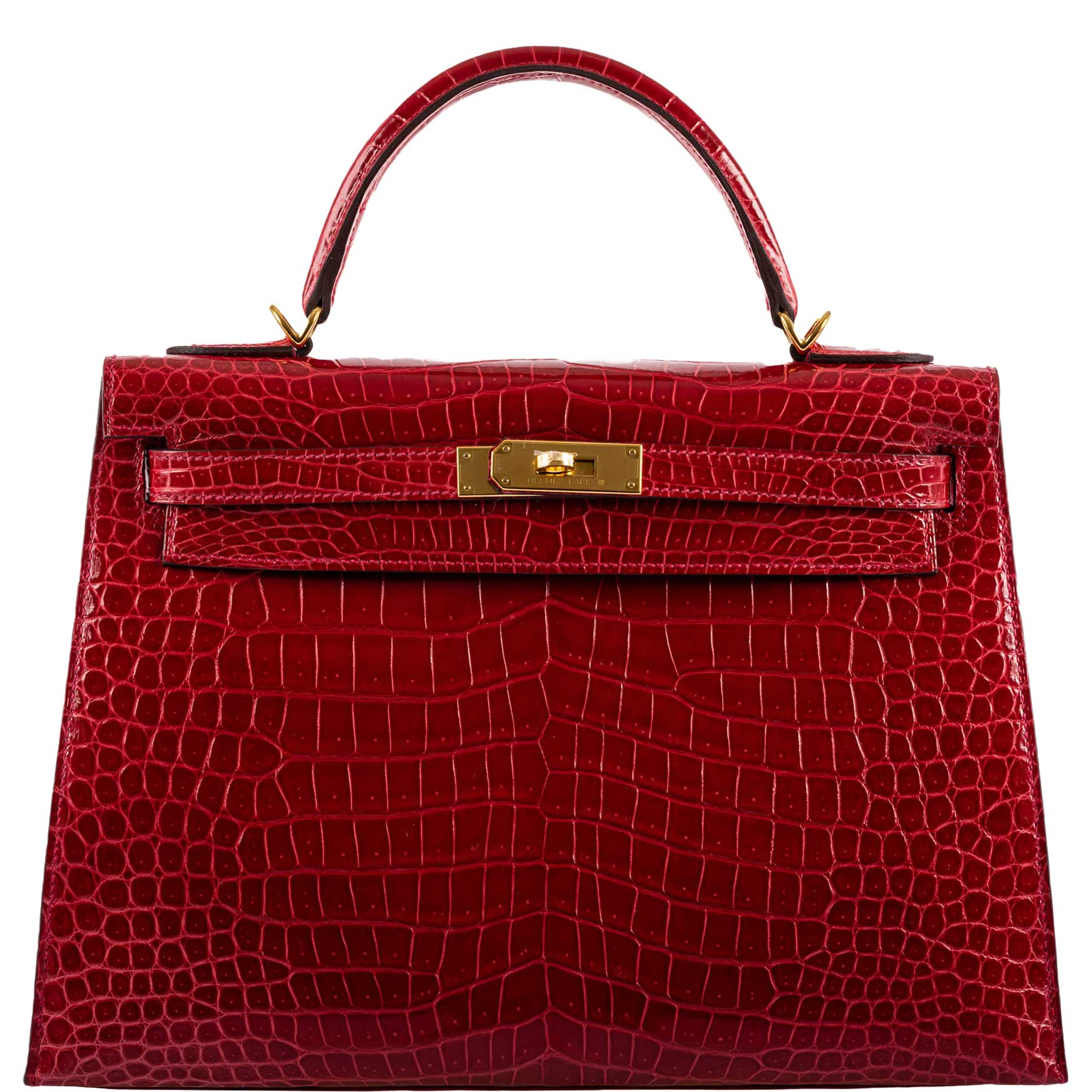 Hermès Kelly 32 Sellier Braise Porosus Crocodile Gold Hardware