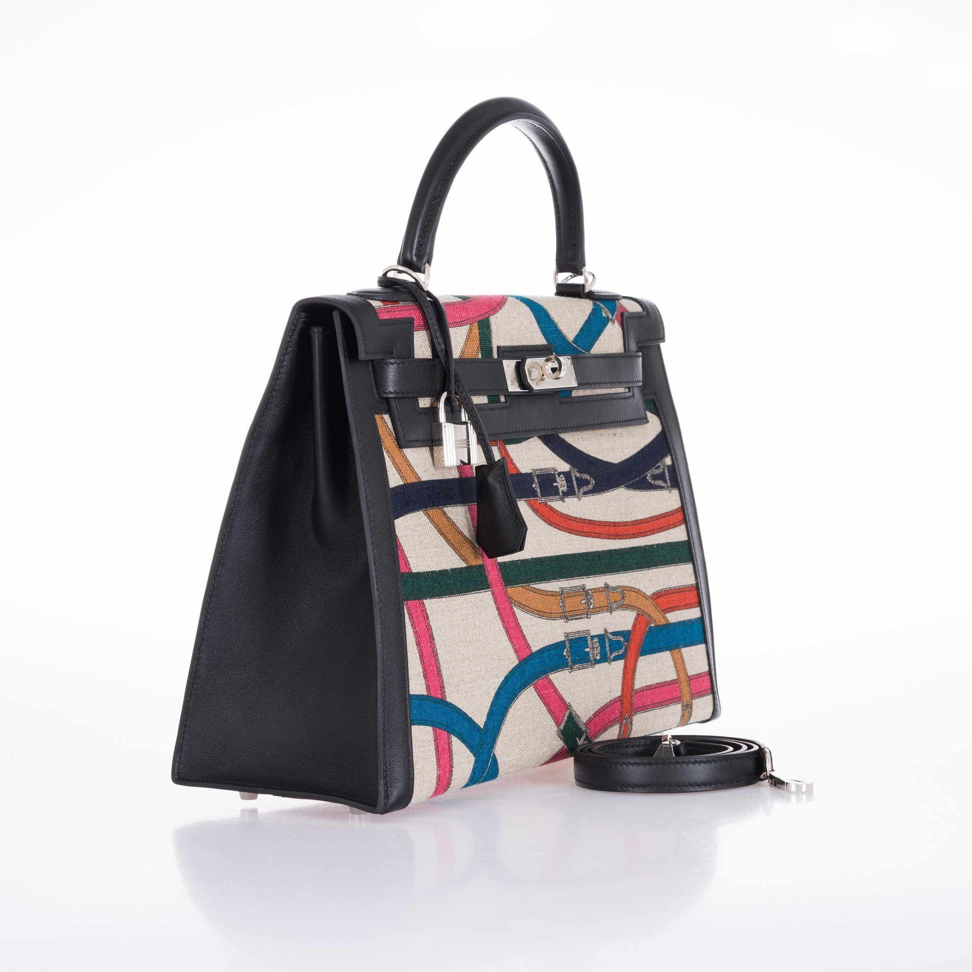Hermès Kelly 32 Sellier Cavalcadour Toile de Camp Noir Swift Palladium Hardware