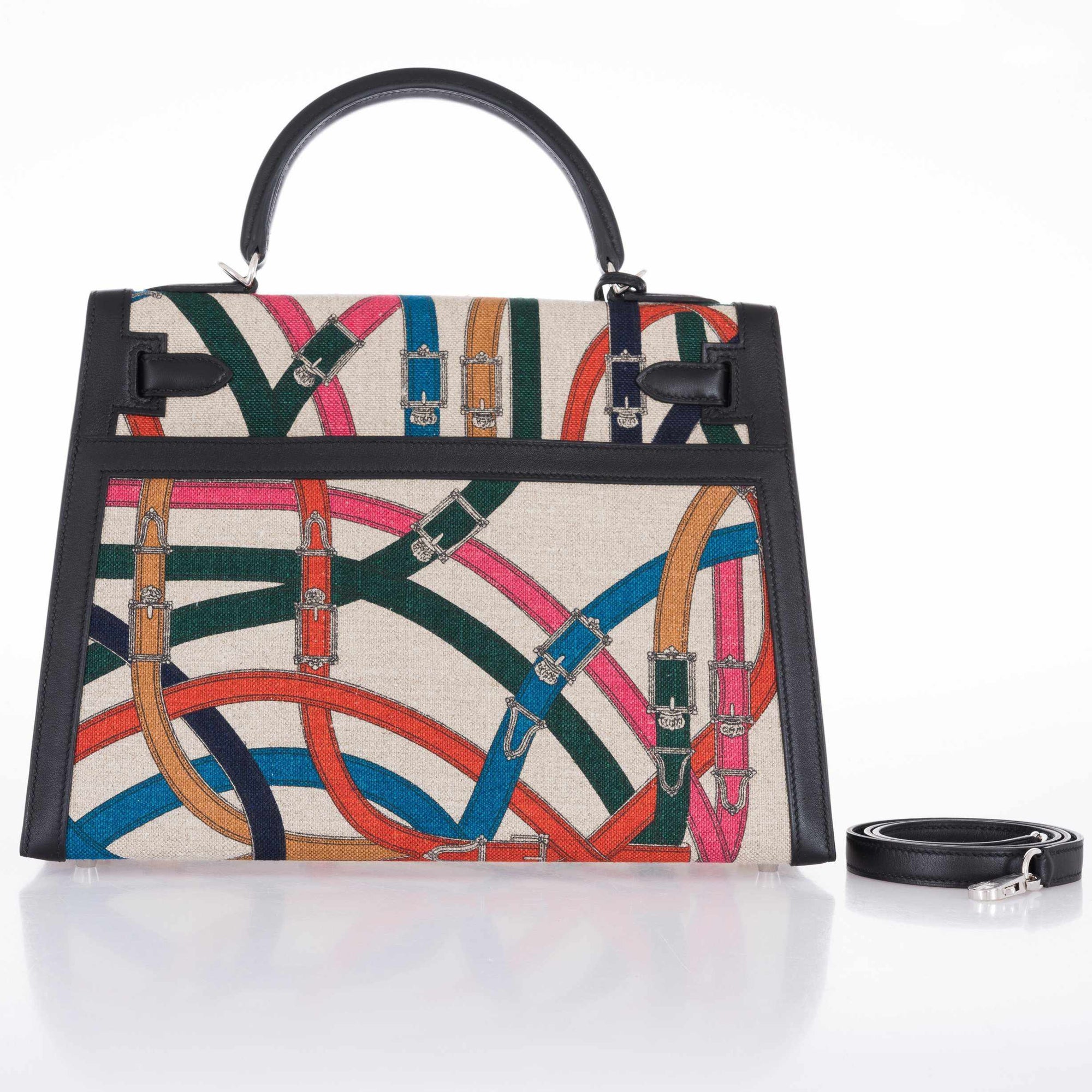 Hermès Kelly 32 Sellier Cavalcadour Toile de Camp Noir Swift Palladium Hardware