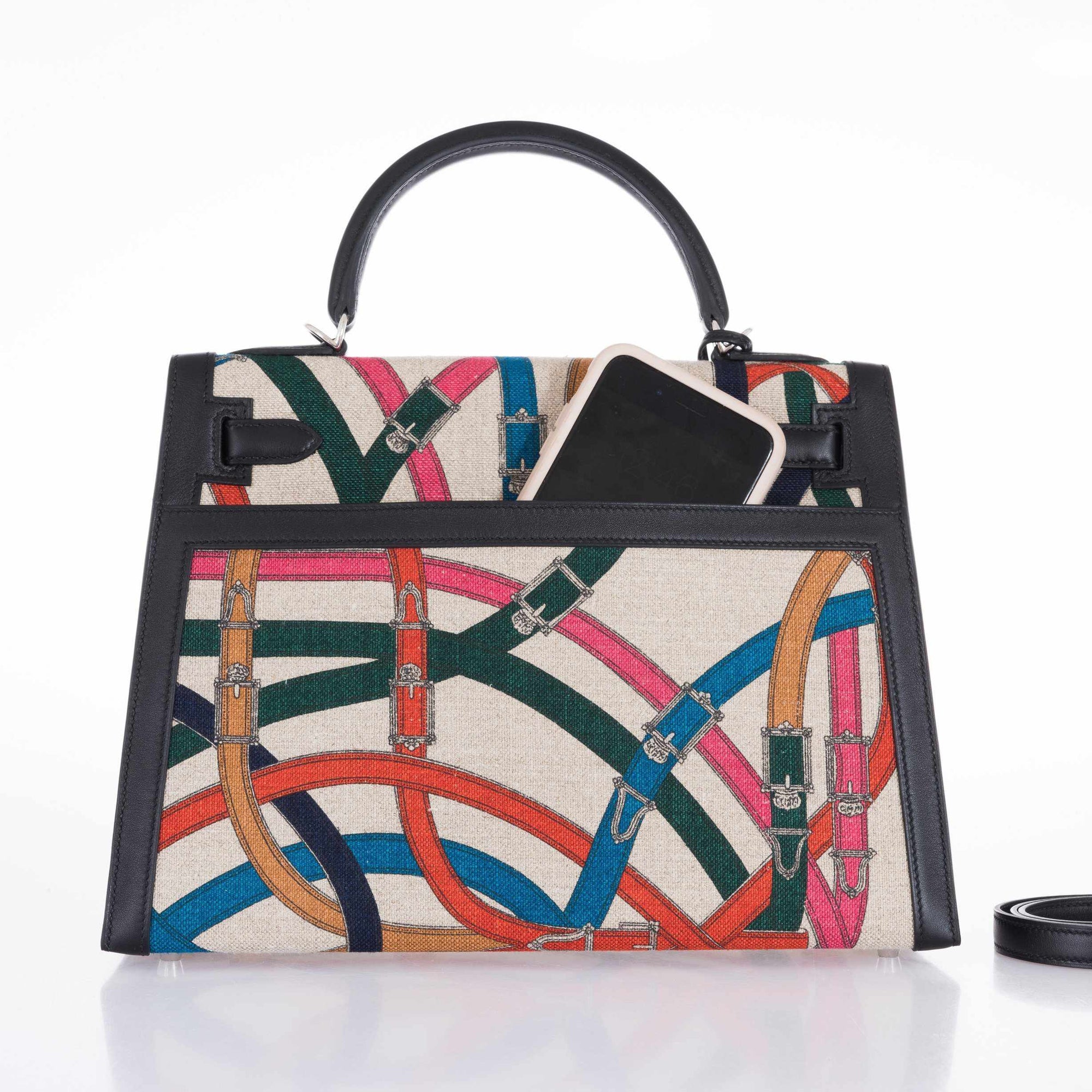 Hermès Kelly 32 Sellier Cavalcadour Toile de Camp Noir Swift Palladium Hardware