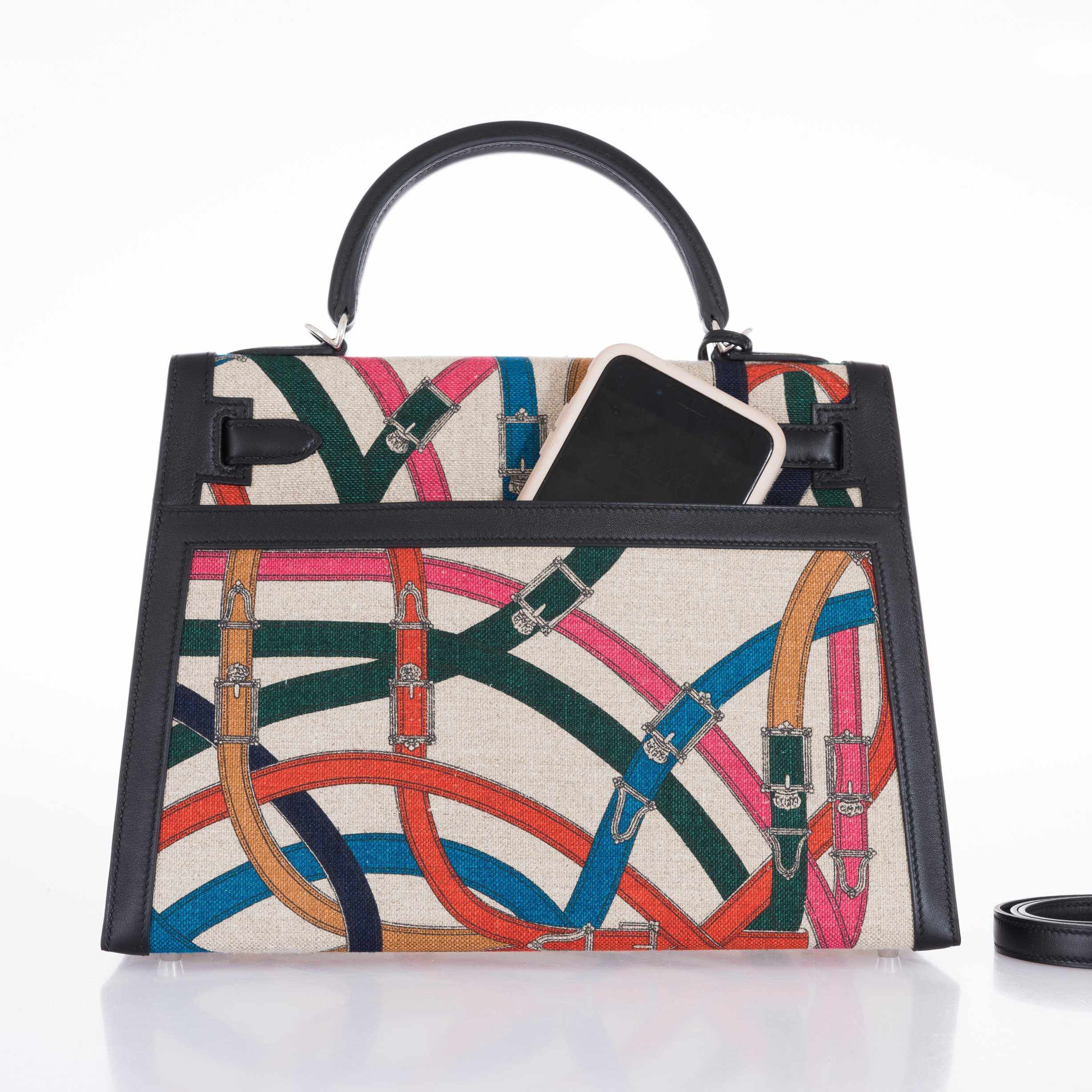 Hermès Kelly 32 Sellier Cavalcadour Toile de Camp Noir Swift Palladium Hardware