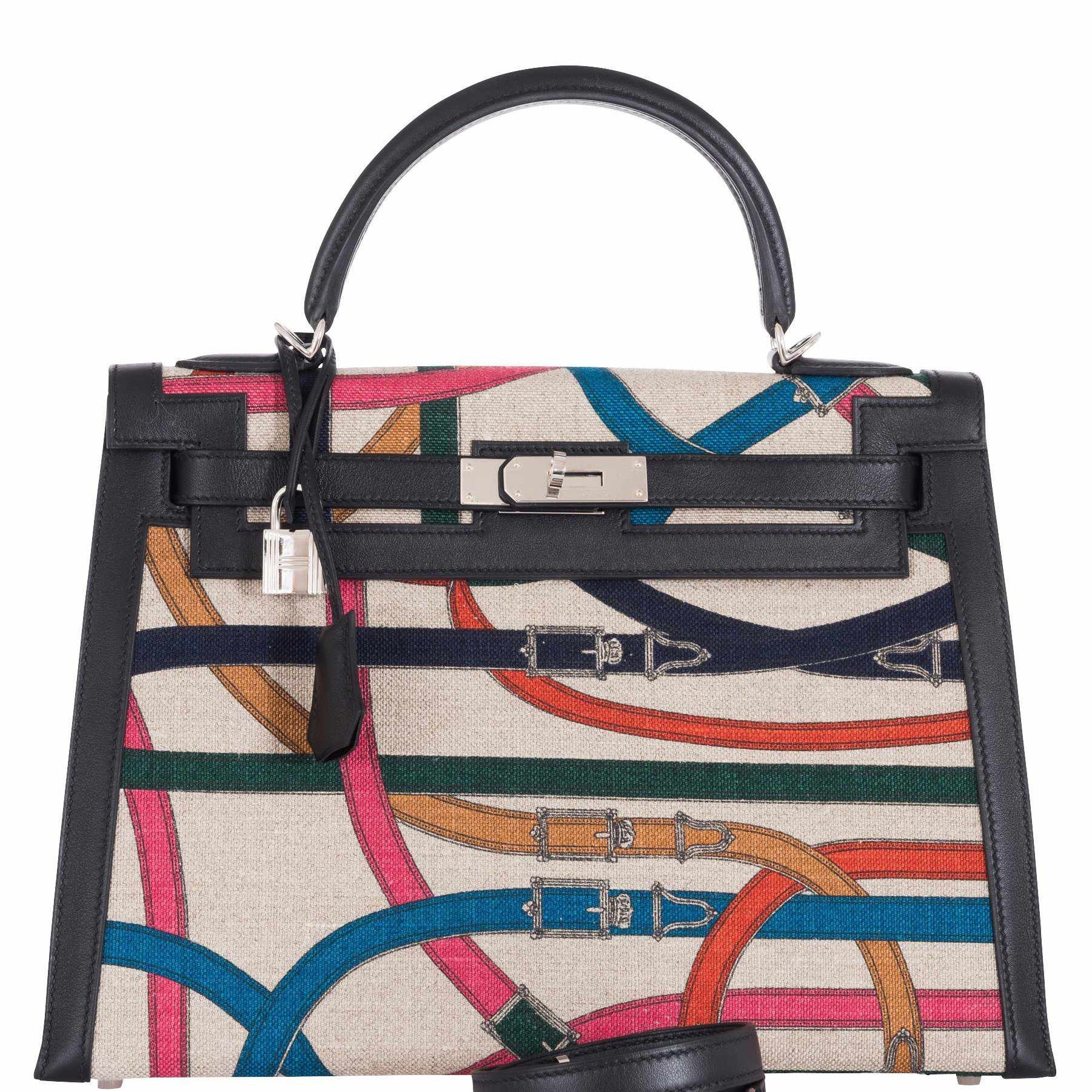 Hermès Kelly 32 Sellier Cavalcadour Toile de Camp Noir Swift Palladium Hardware
