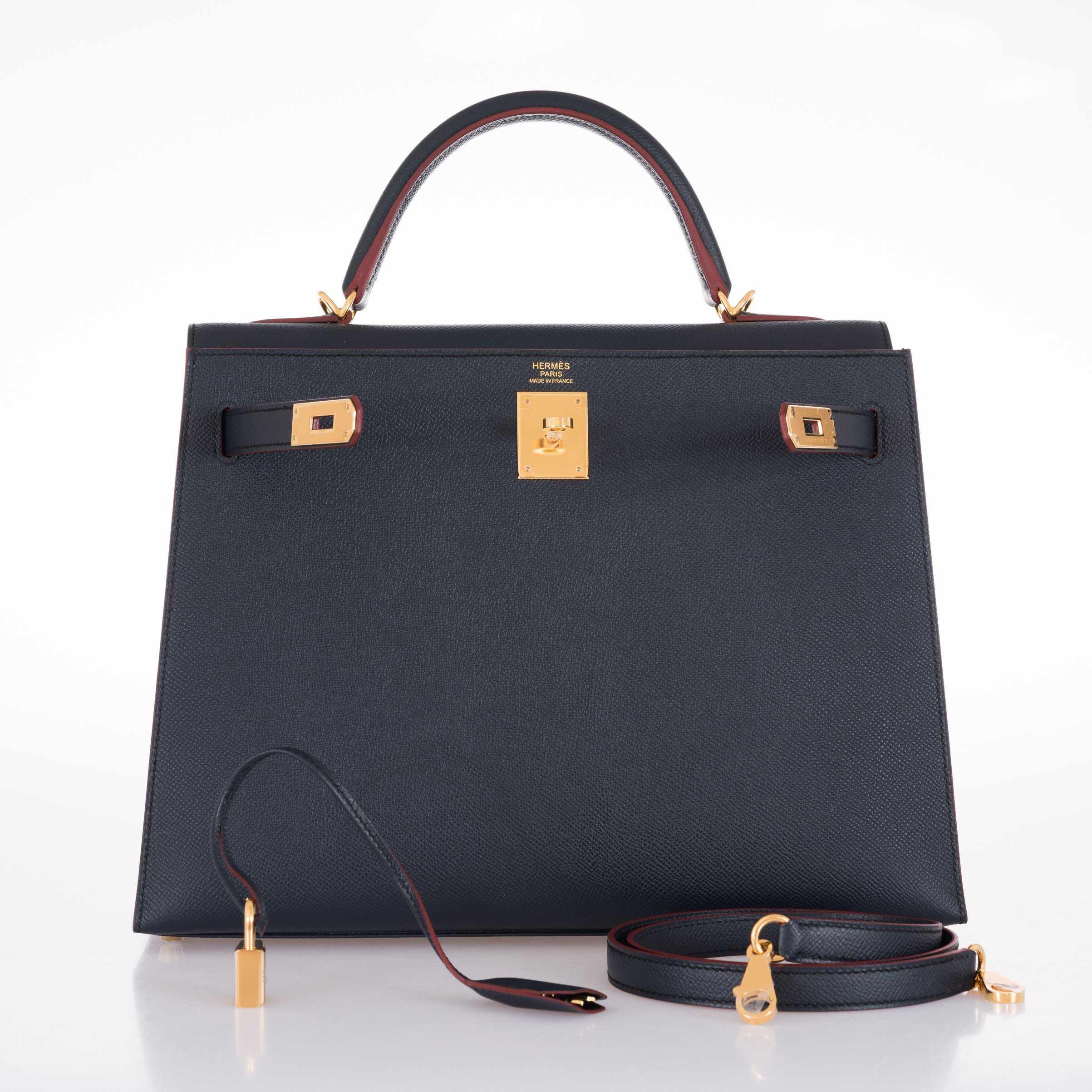 Hermès Kelly 32 Sellier Contour Blue Indigo Epsom Gold Hardware - Rare