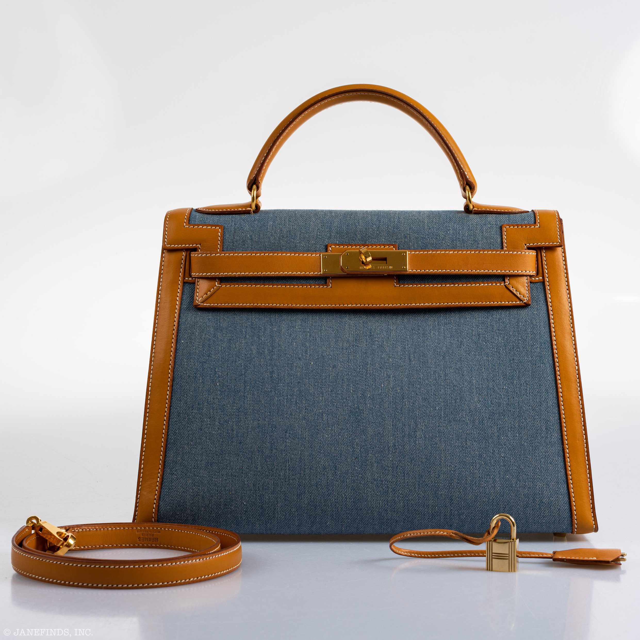 Hermès Kelly 32 Sellier Denim & Vache Naturelle Leather Gold Hardware - 1997