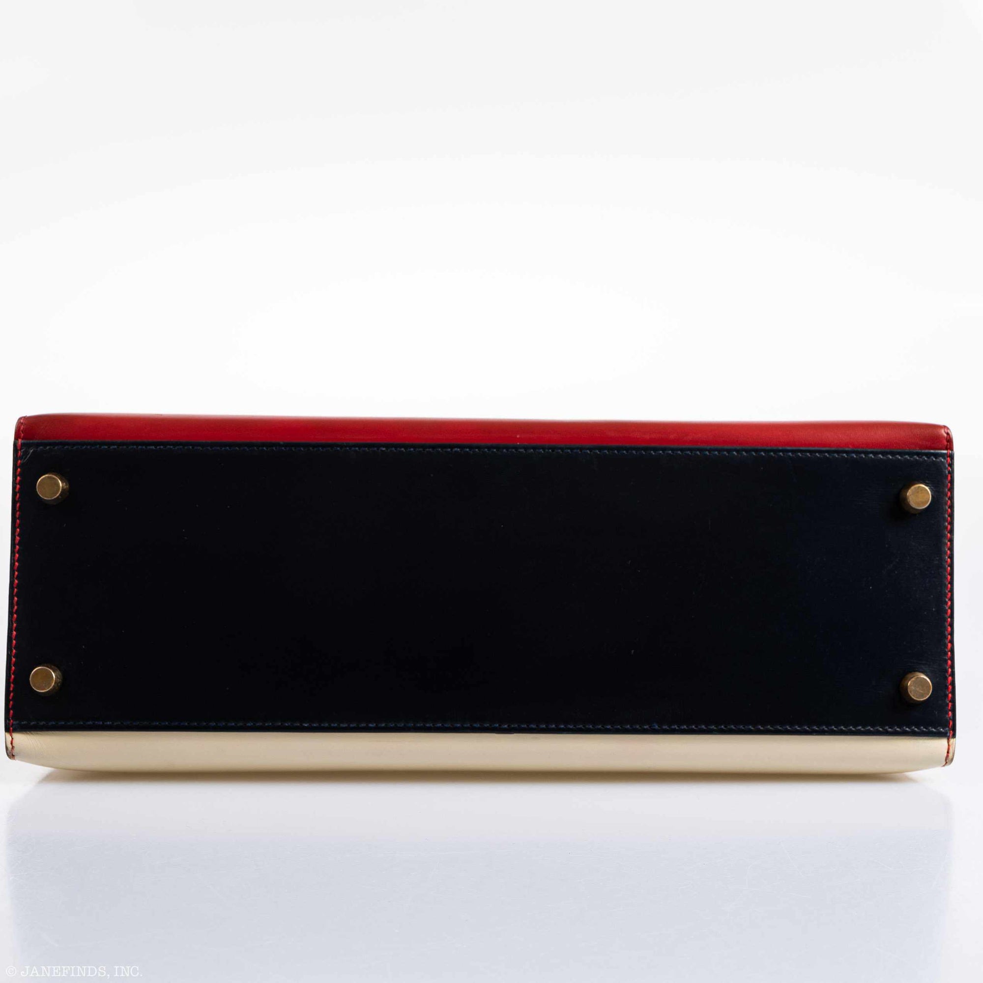 Hermès Kelly 32 Sellier Rouge Vif, Parchemin & Bleu Marine Calfbox Leather Gold Hardware - 1994