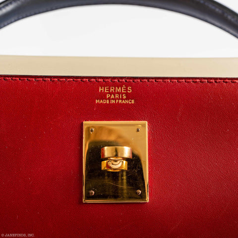Hermès Kelly 32 Sellier Rouge Vif, Parchemin & Bleu Marine Calfbox Leather Gold Hardware - 1994