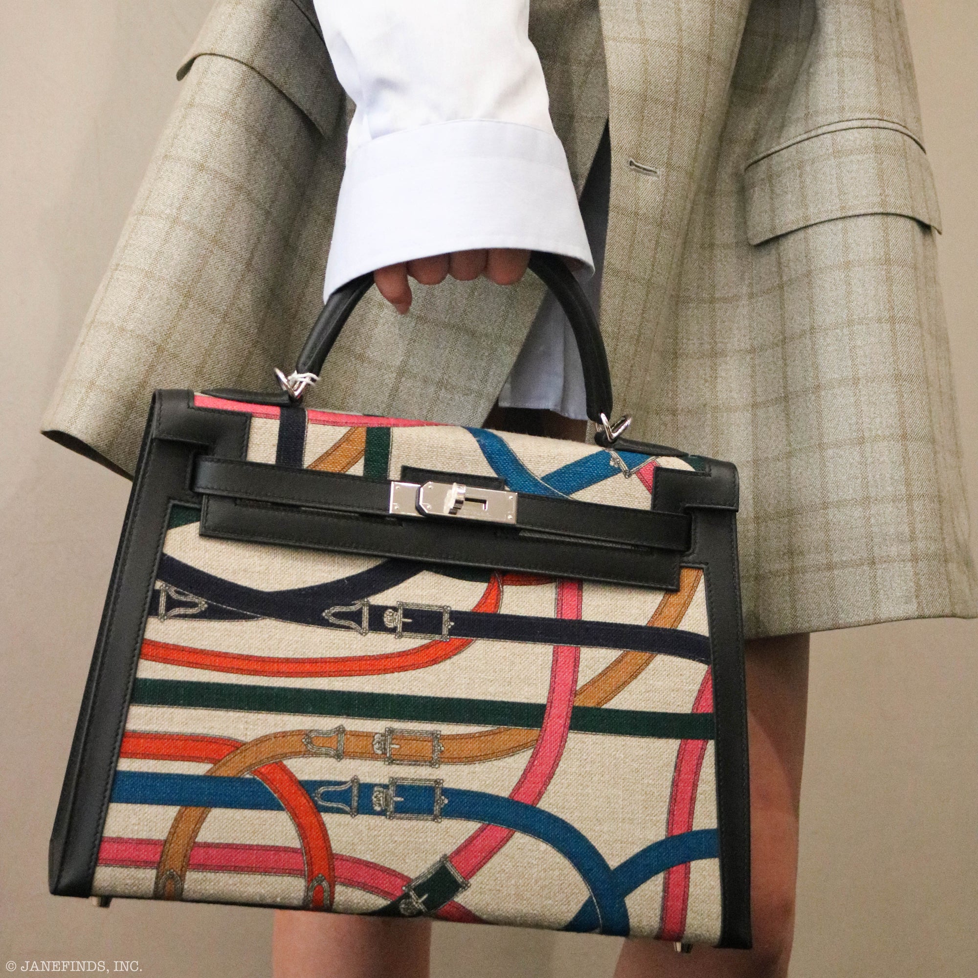 Hermès Kelly 32 Sellier Toile de Camp Cavalcadour and Noir Leather Palladium Hardware