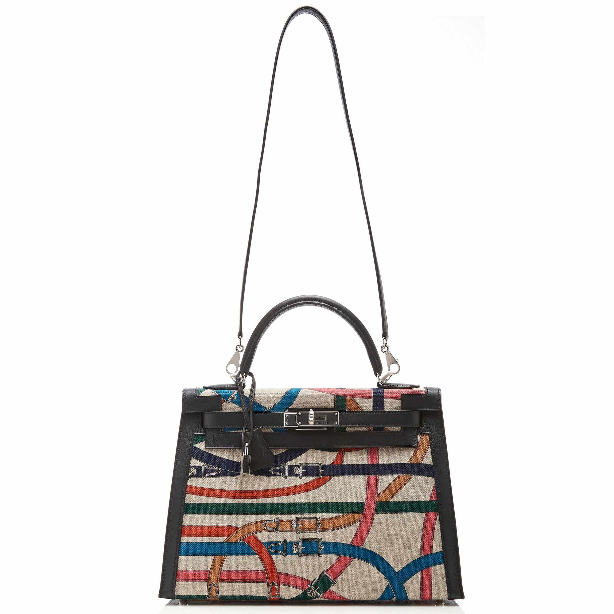 Hermès Kelly 32 Sellier Toile de Camp Cavalcadour and Noir Leather Palladium Hardware