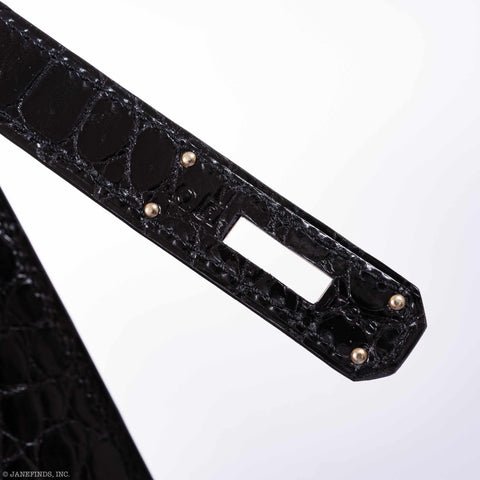 Hermès Kelly 35 Black Shiny Porosus Crocodile Palladium Hardware