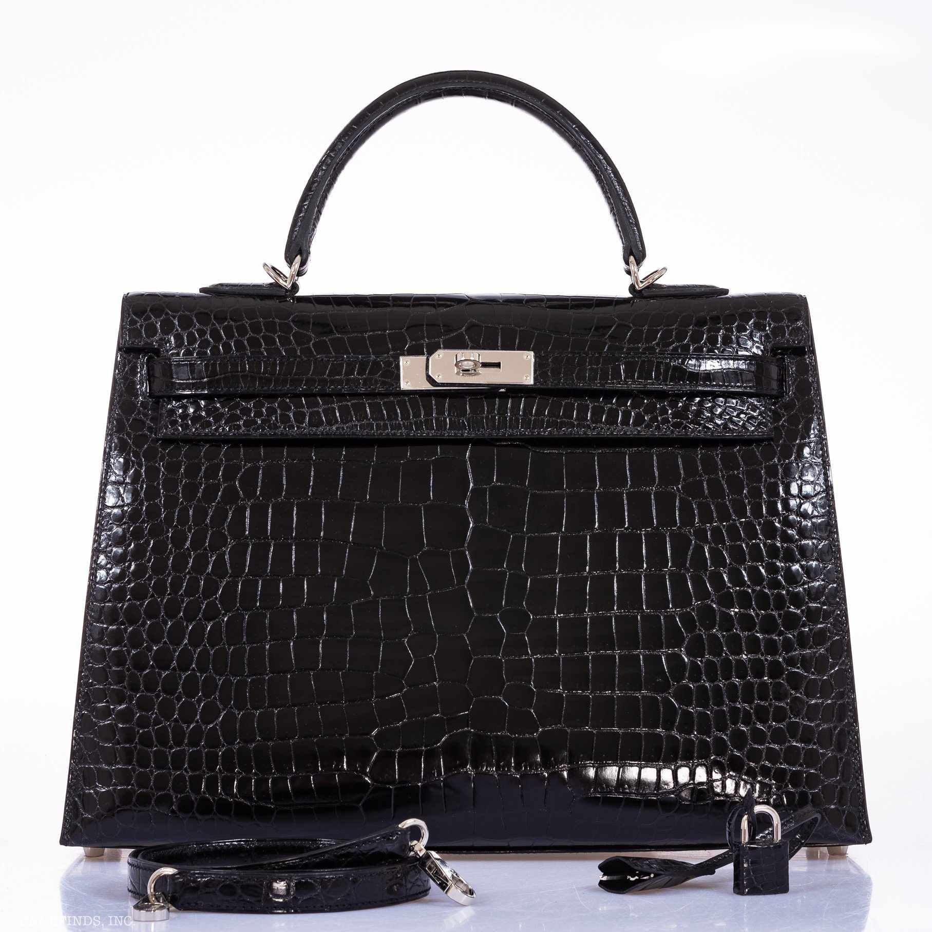 Hermès Kelly 35 Black Shiny Porosus Crocodile Palladium Hardware