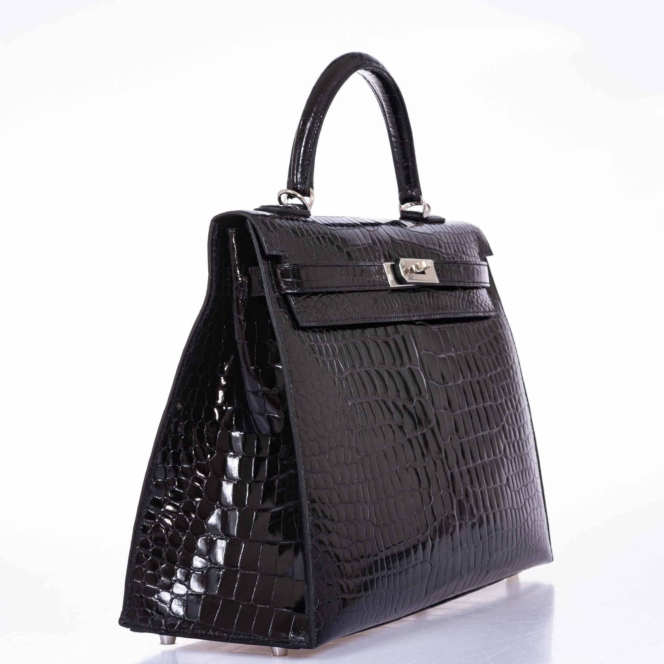 Hermès Kelly 35 Black Shiny Porosus Crocodile Palladium Hardware