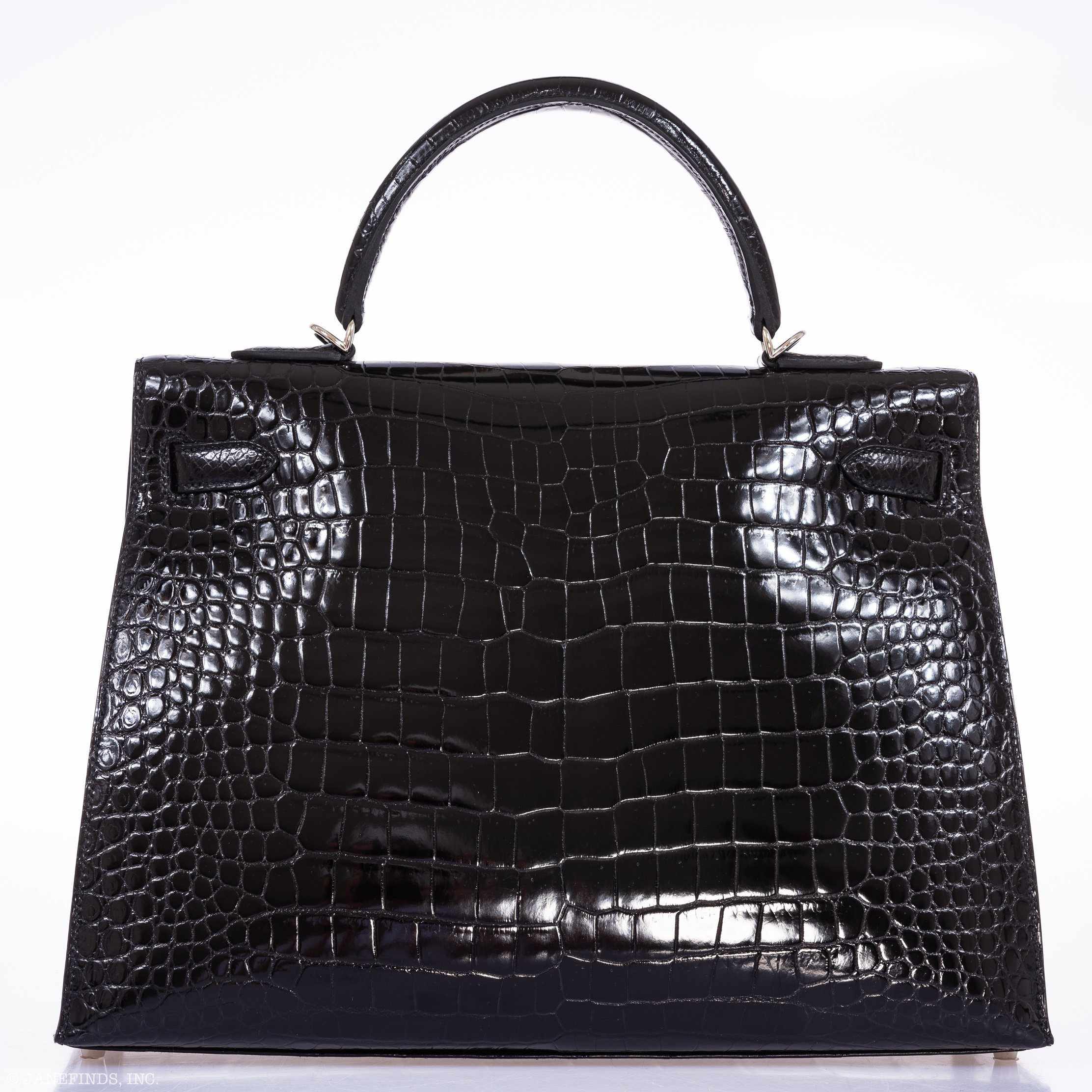 Hermès Kelly 35 Black Shiny Porosus Crocodile Palladium Hardware