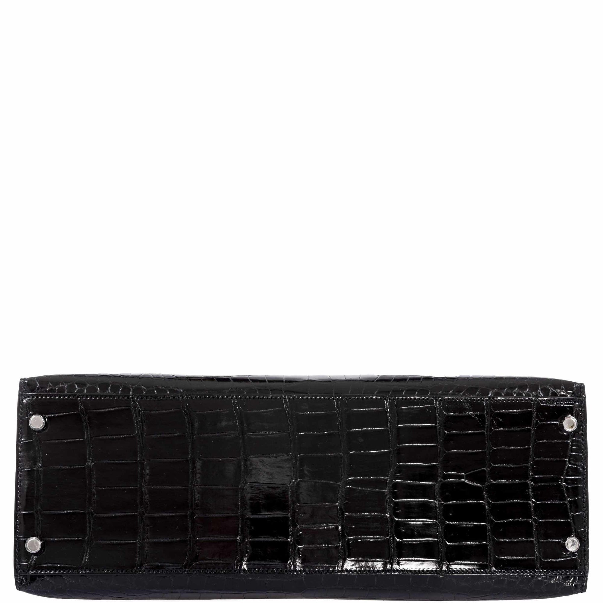 Hermès Kelly 35 Black Shiny Porosus Crocodile Palladium Hardware
