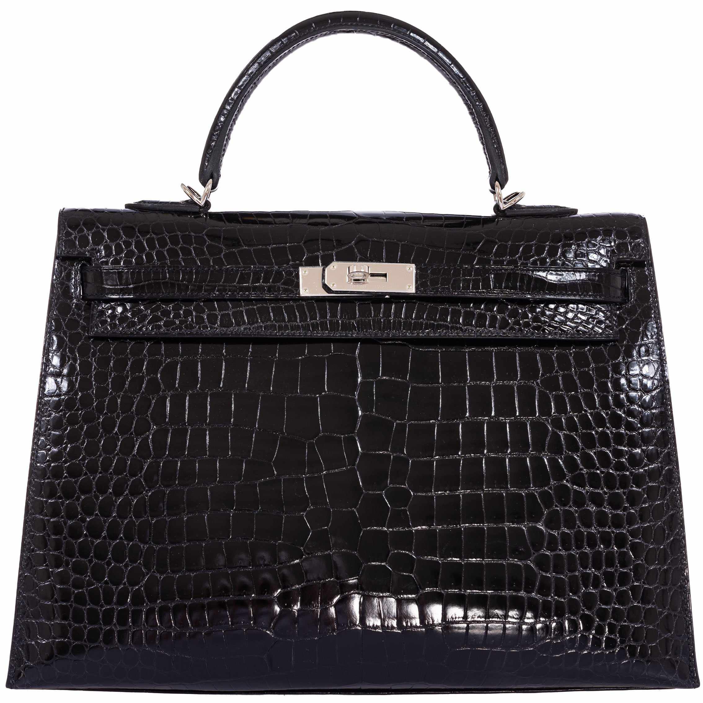 Hermès Kelly 35 Black Shiny Porosus Crocodile Palladium Hardware